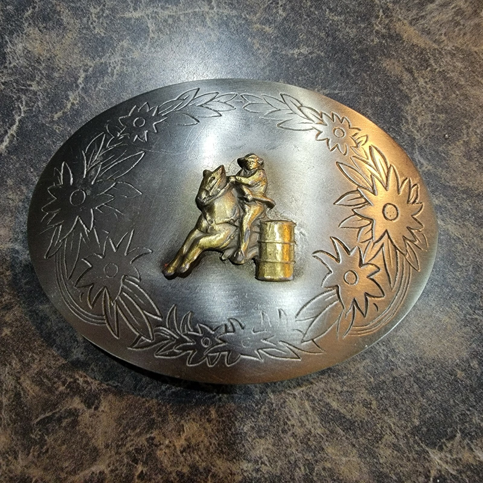 Barrel racing horse floral VINTAGE Belt Buckle Western Style Cowboy Unmarked