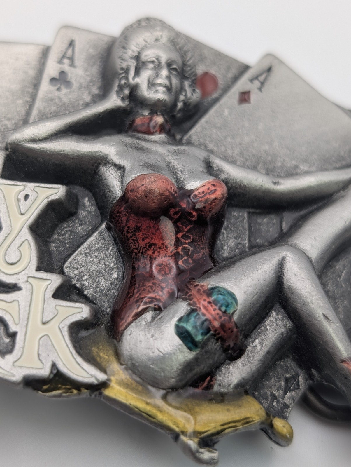 Vintage 1991 Lady Luck Belt Buckle – Dragon Designs Pewter Pin-Up Gambler DD109