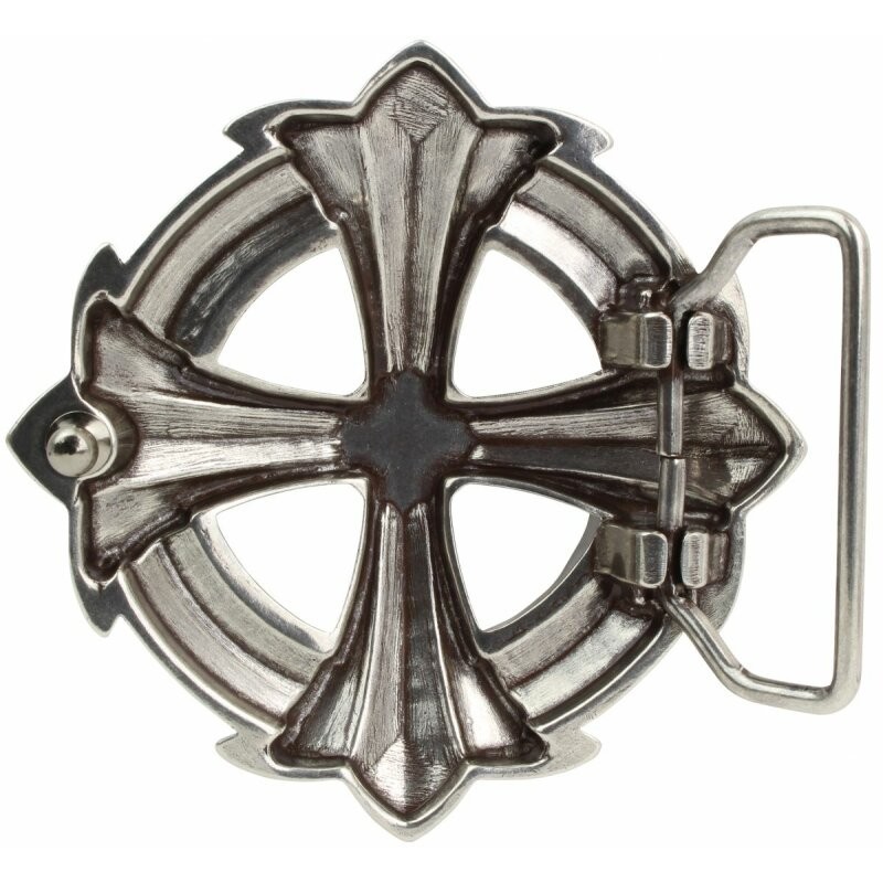 Gothic Cross Belt Buckle in Antique Silver with Black Crystals