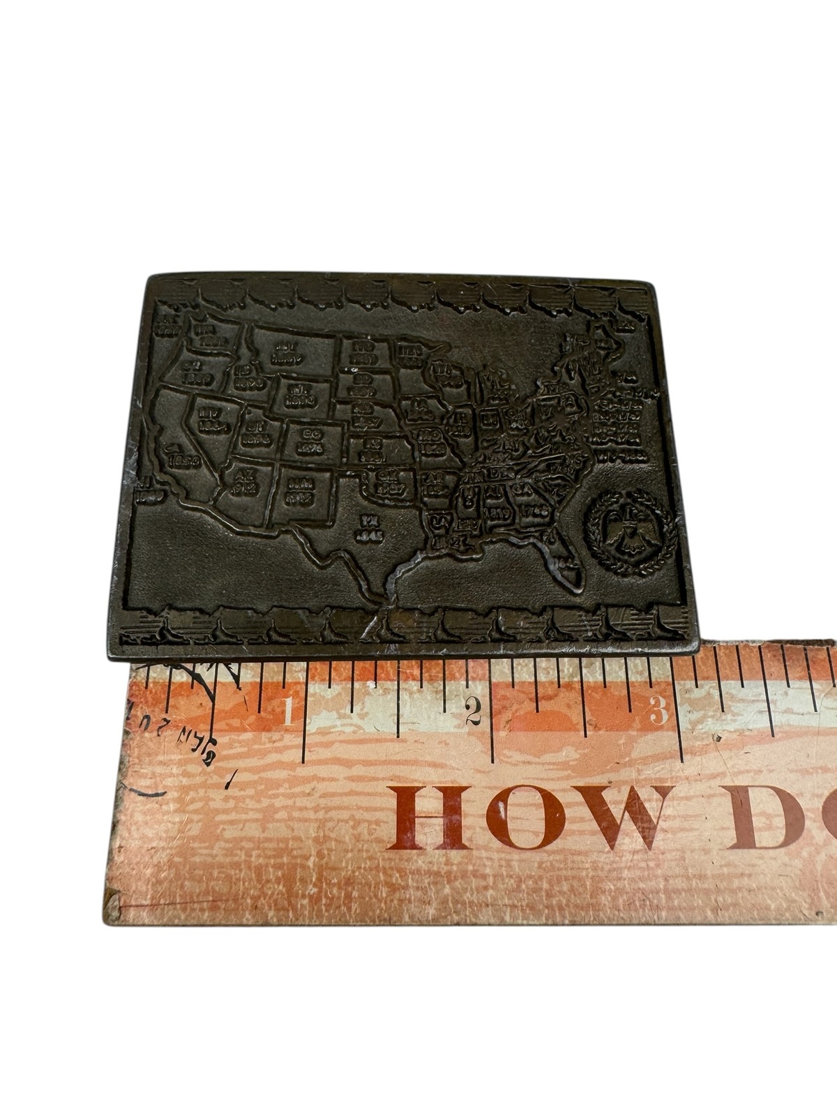 Vintage US Map Belt Buckle United States State Dates Eagle Emblem Solid Metal