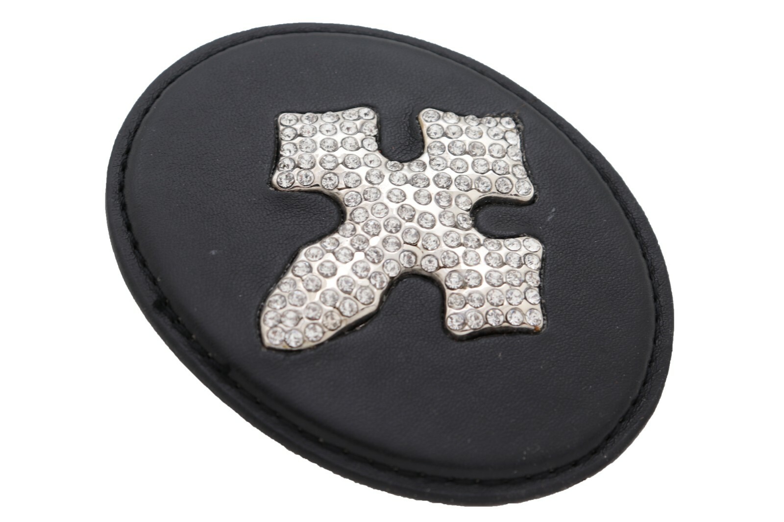Men Women Fancy Belt Buckle Black Faux Leather Silver Metal Western Bling Cross