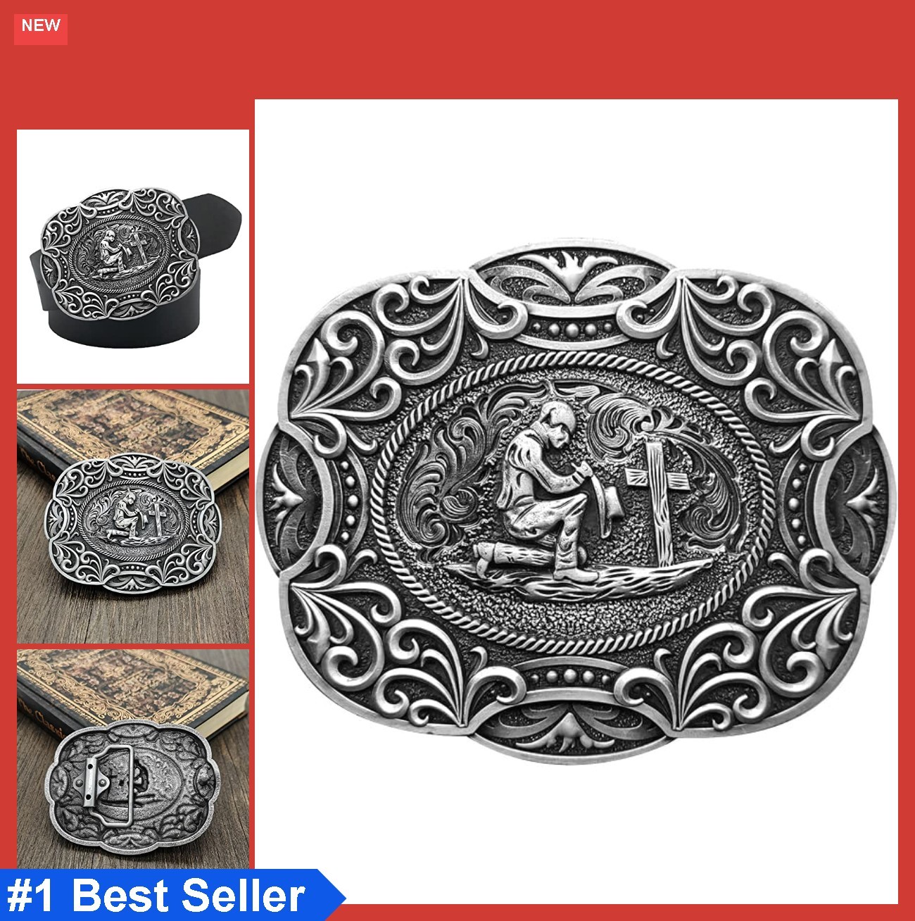 Celtic Cross Horse Religious Belt Buckle Western Cowboy for Men Leather Snap