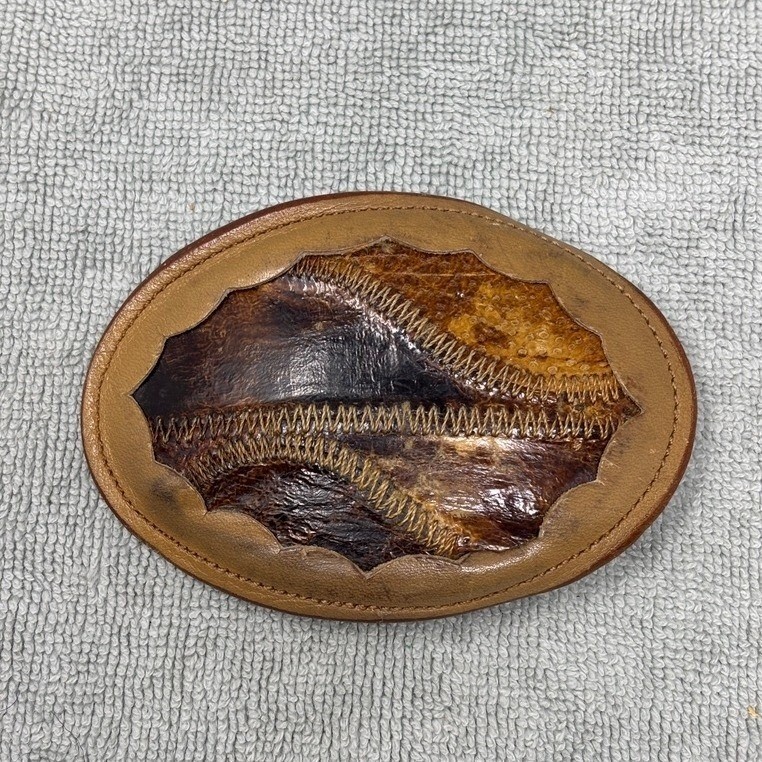 Vtg Nocona Western Leather Belt Buckle Exotic Skin Inlay Zigzag Stitch Brown