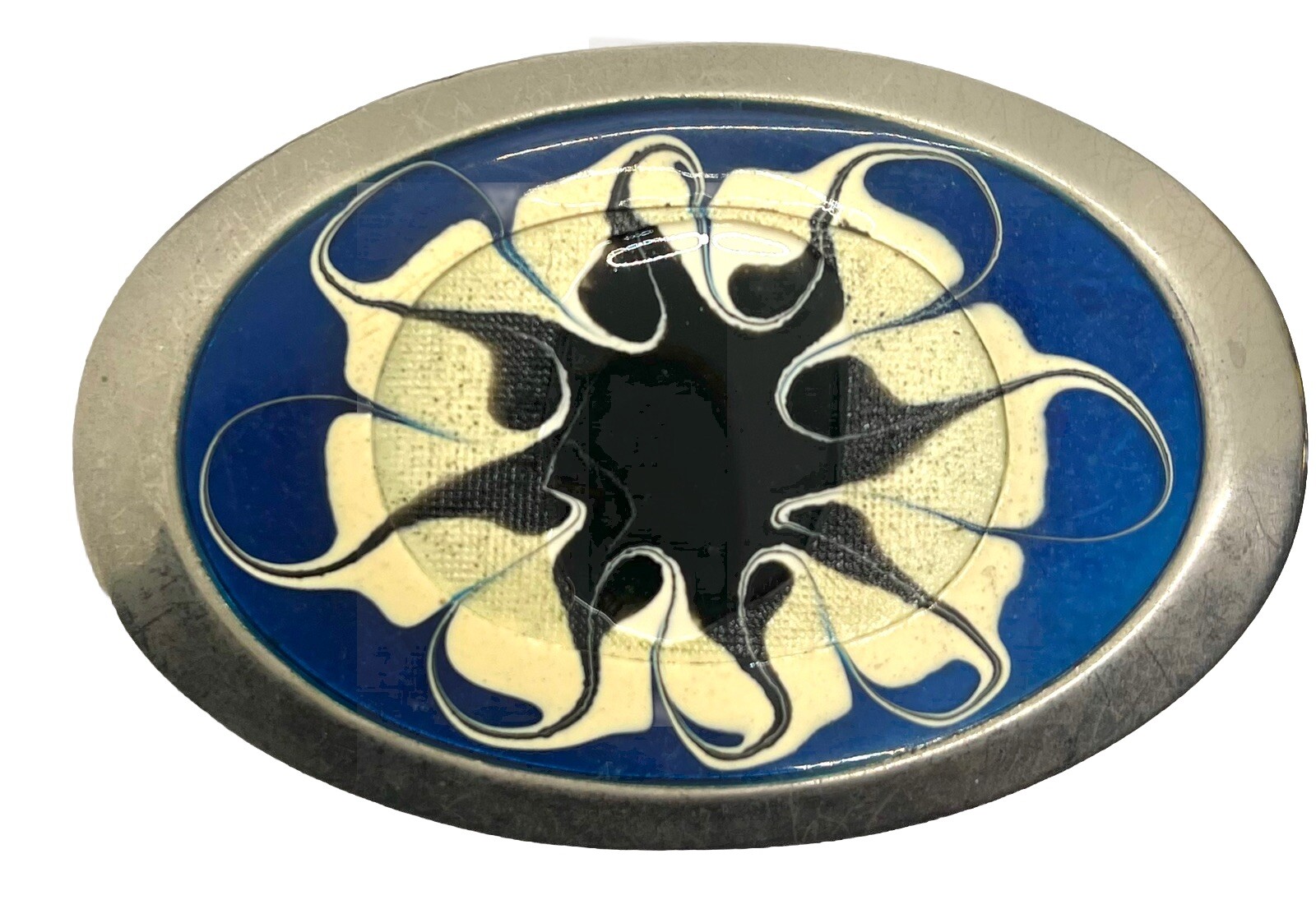 Blue Cream & Flower on Red Enamel Metal Belt Buckle Handmade