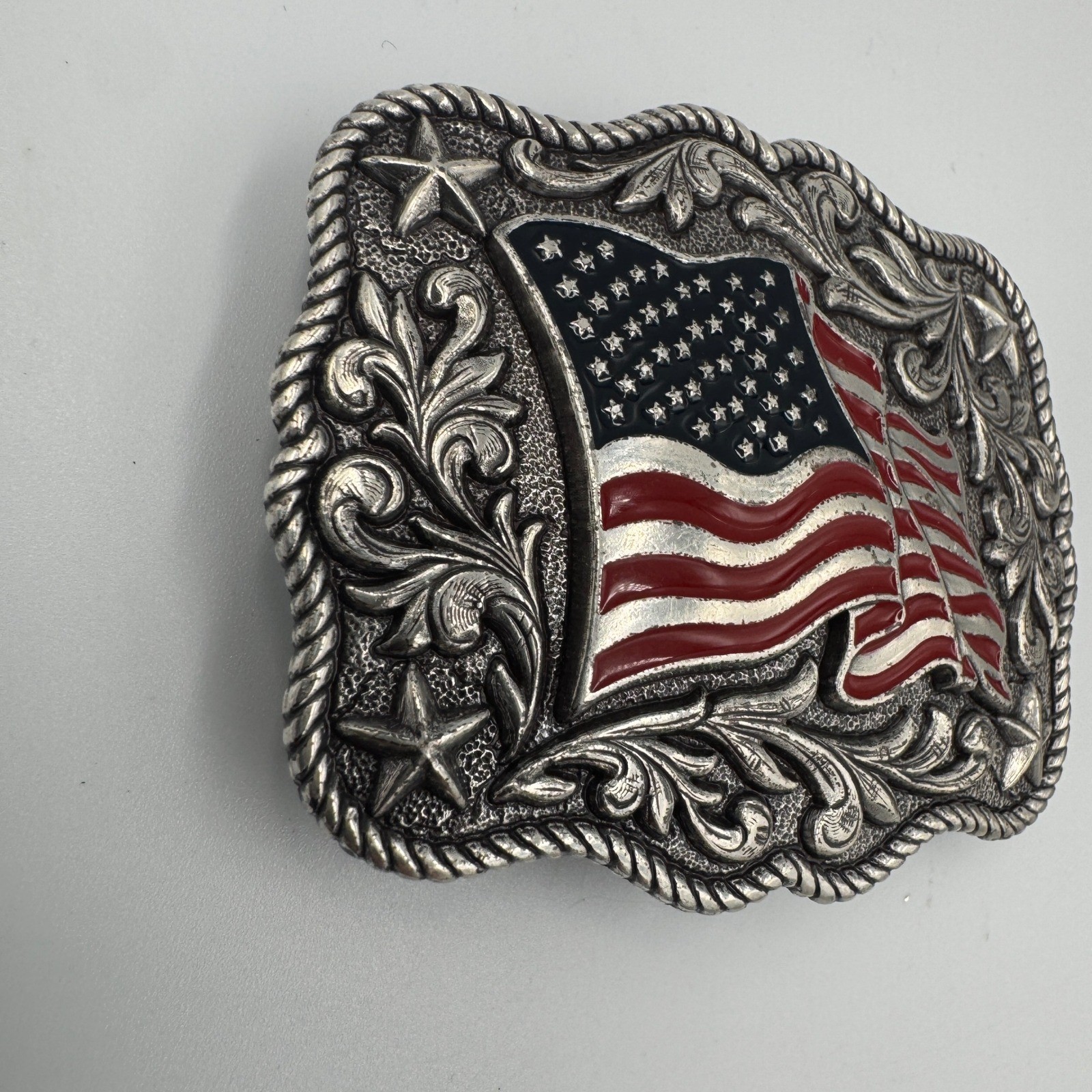 Patriotic American Flag Western Belt Buckle Silver Tone Red Blue Enamel Stars