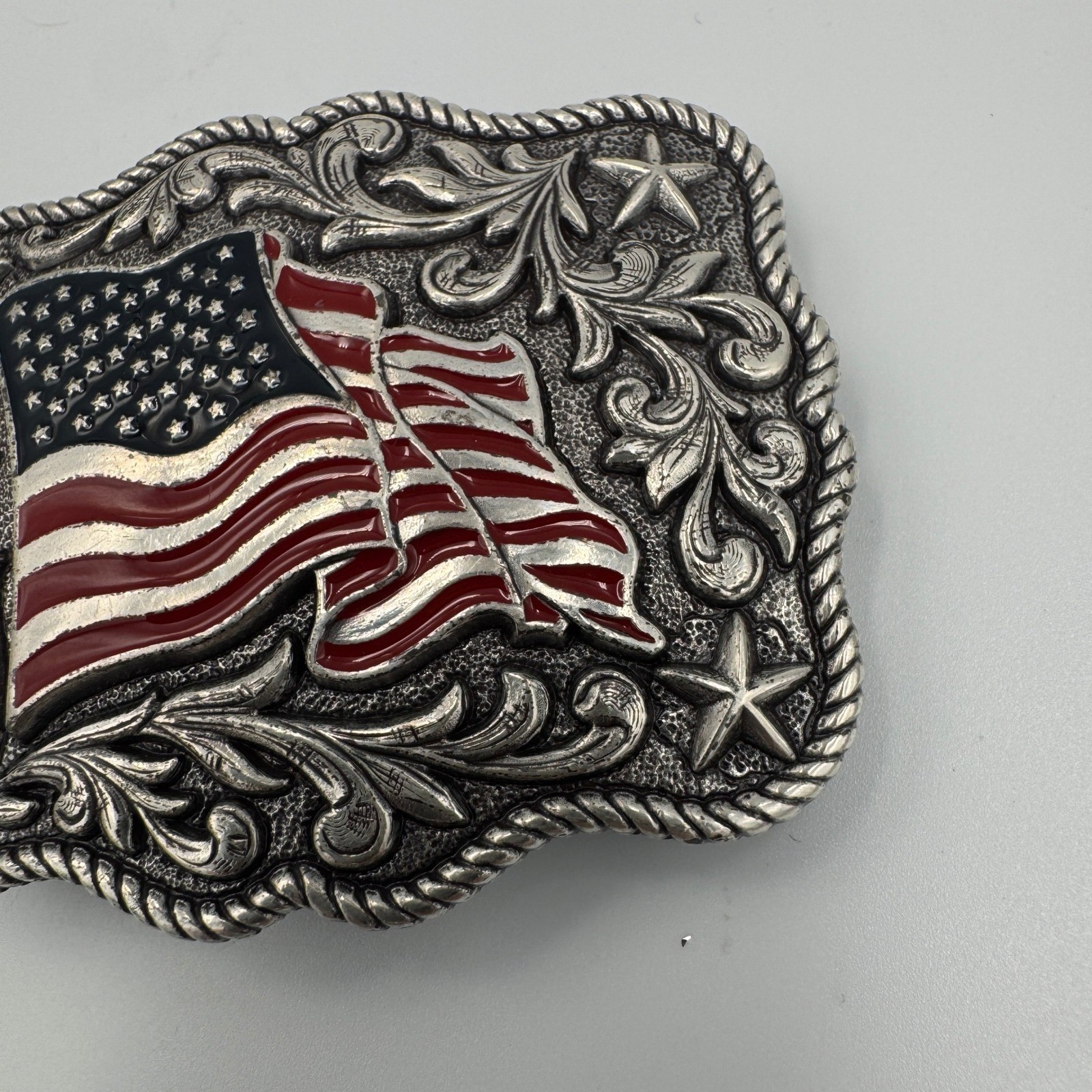 Patriotic American Flag Western Belt Buckle Silver Tone Red Blue Enamel Stars
