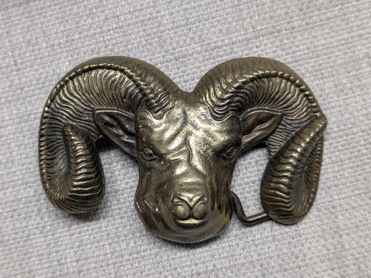 vintage 1970s belt buckle RAM longhorn SOLID BRASS mountain goat WESTERN cowboy