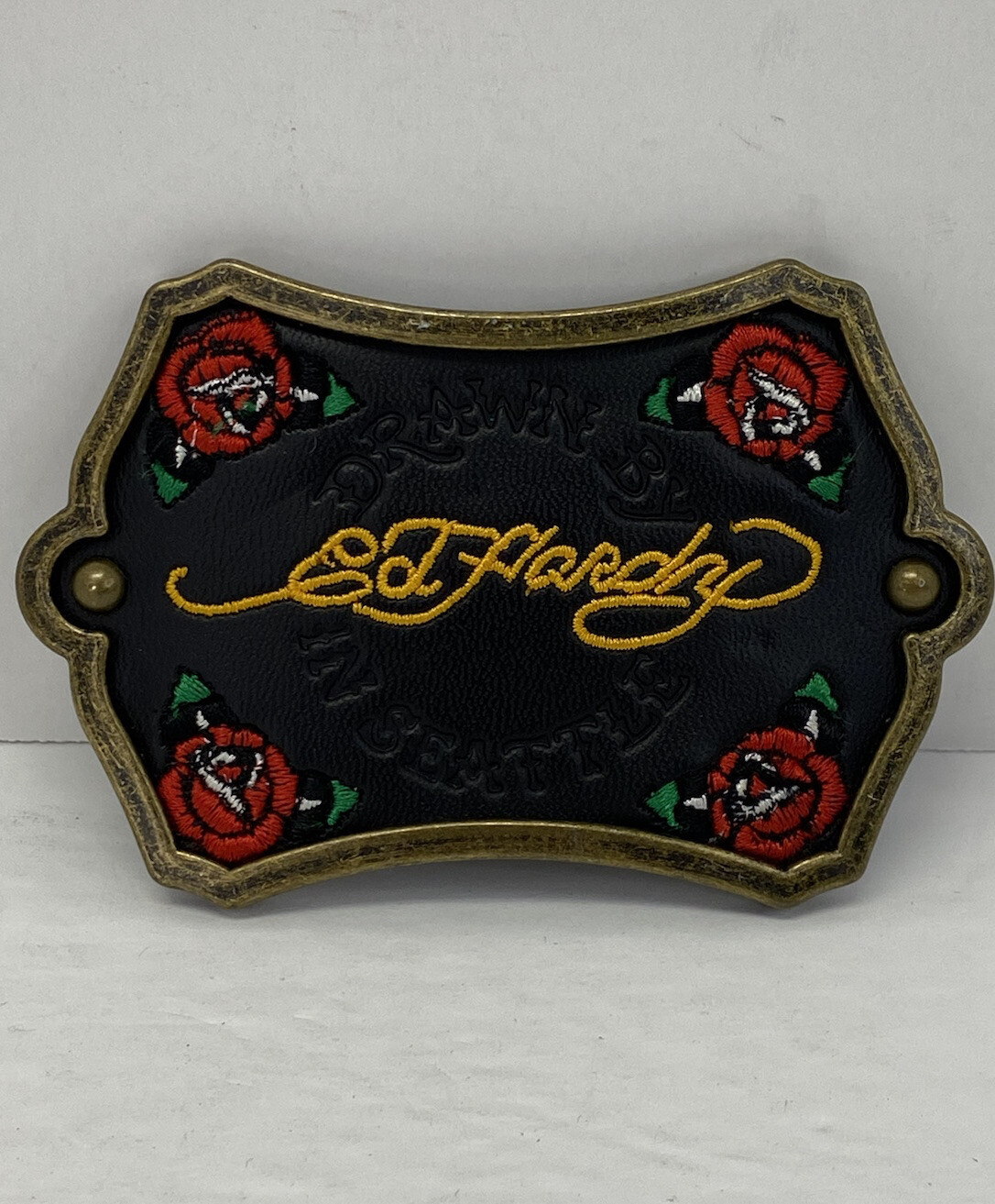 Vintage “Drawn By Ed Hardy In Seattle” Black Leather Belt Buckle w/ Roses –