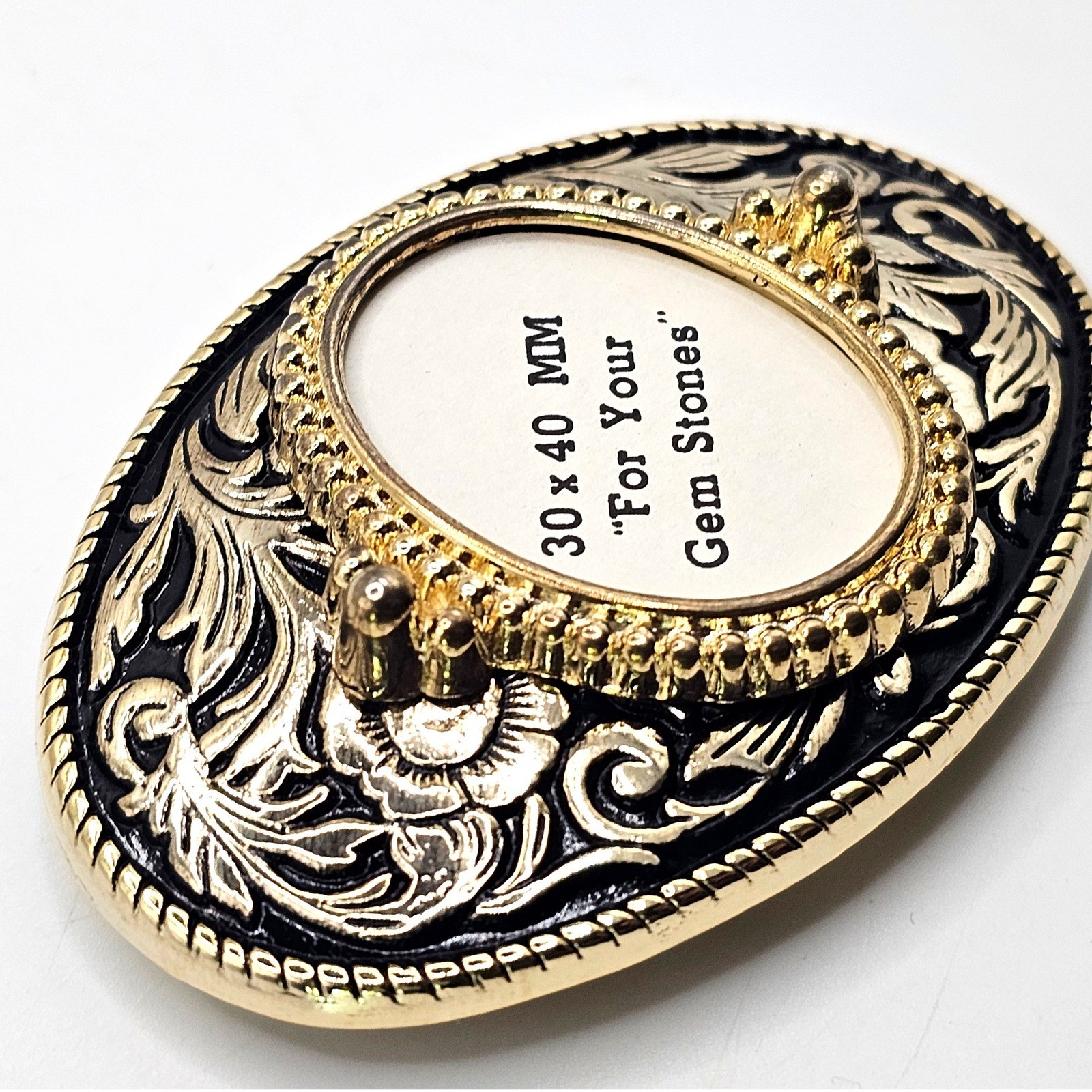 Western Floral Belt Buckle Gold Black Oval 30x40mm Gemstone Setting Made in USA