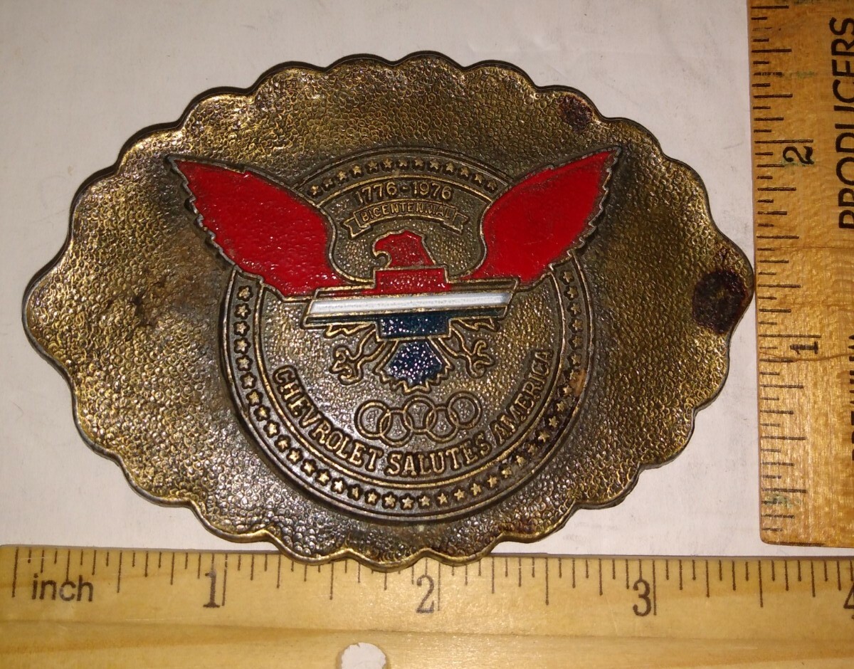 Vintage Chevrolet Salutes America BELT BUCKLE USA Bicentennial Olympics 1970&rsquo;s