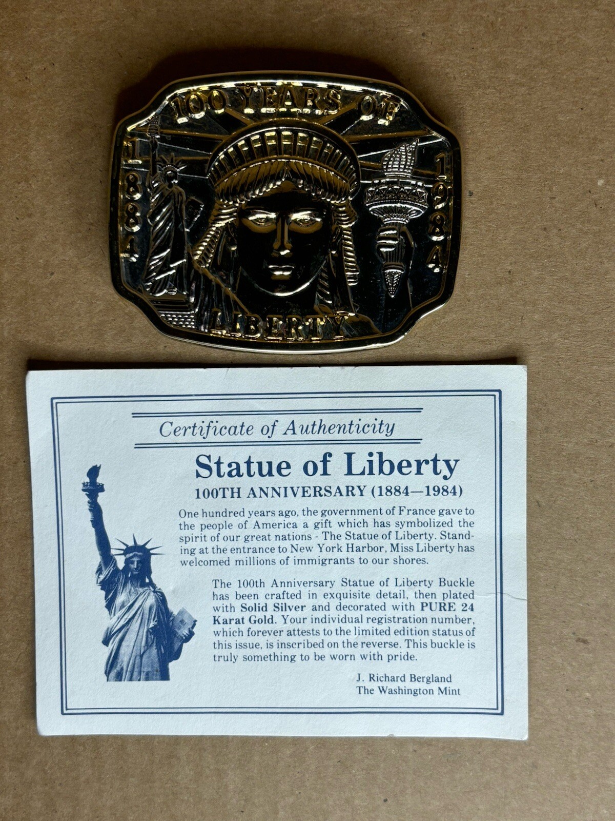 Vintage 1886-1986 100 Years Statue Of Liberty Two Tone Belt Buckle w/ COA