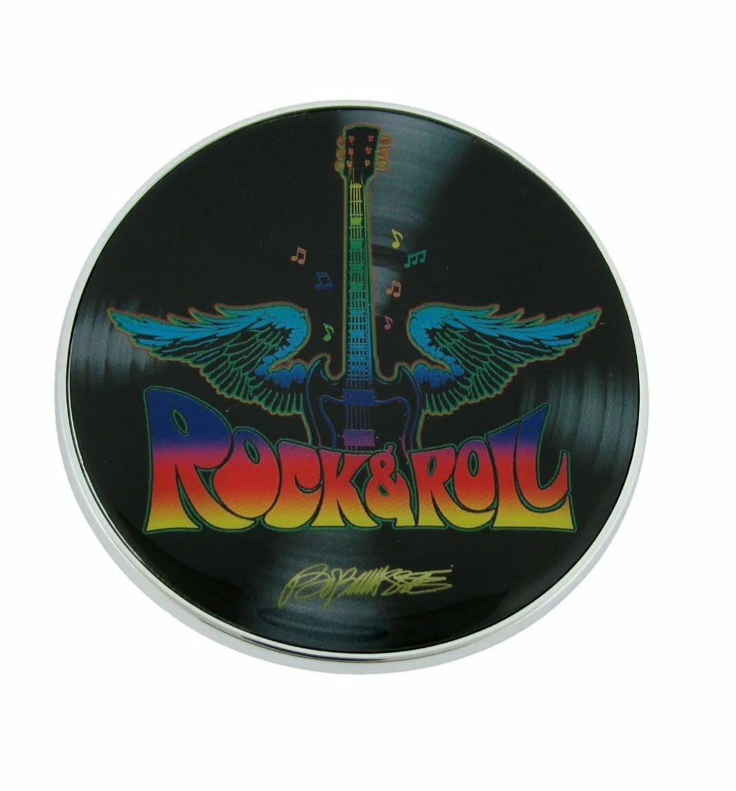 Rock N&rsquo; Roll Vinyl Picture Disc Design Winged Electric Guitar Belt Buckle