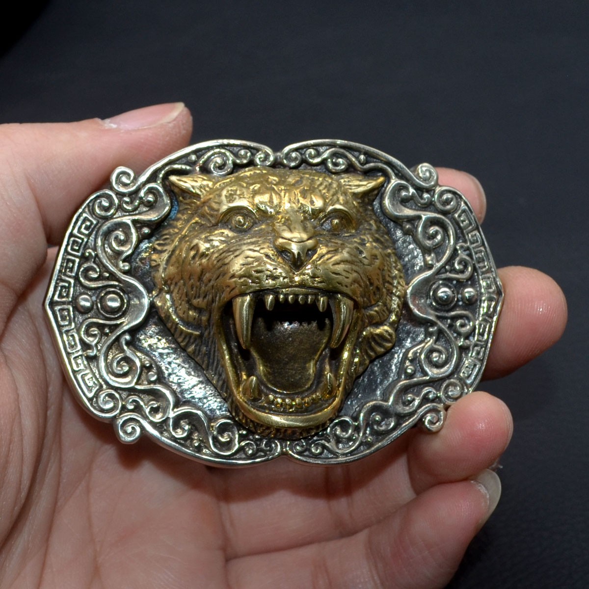 Brass & White Copper 3D Tiger Belt Buckle, Suitable for belts 1.5-in wide
