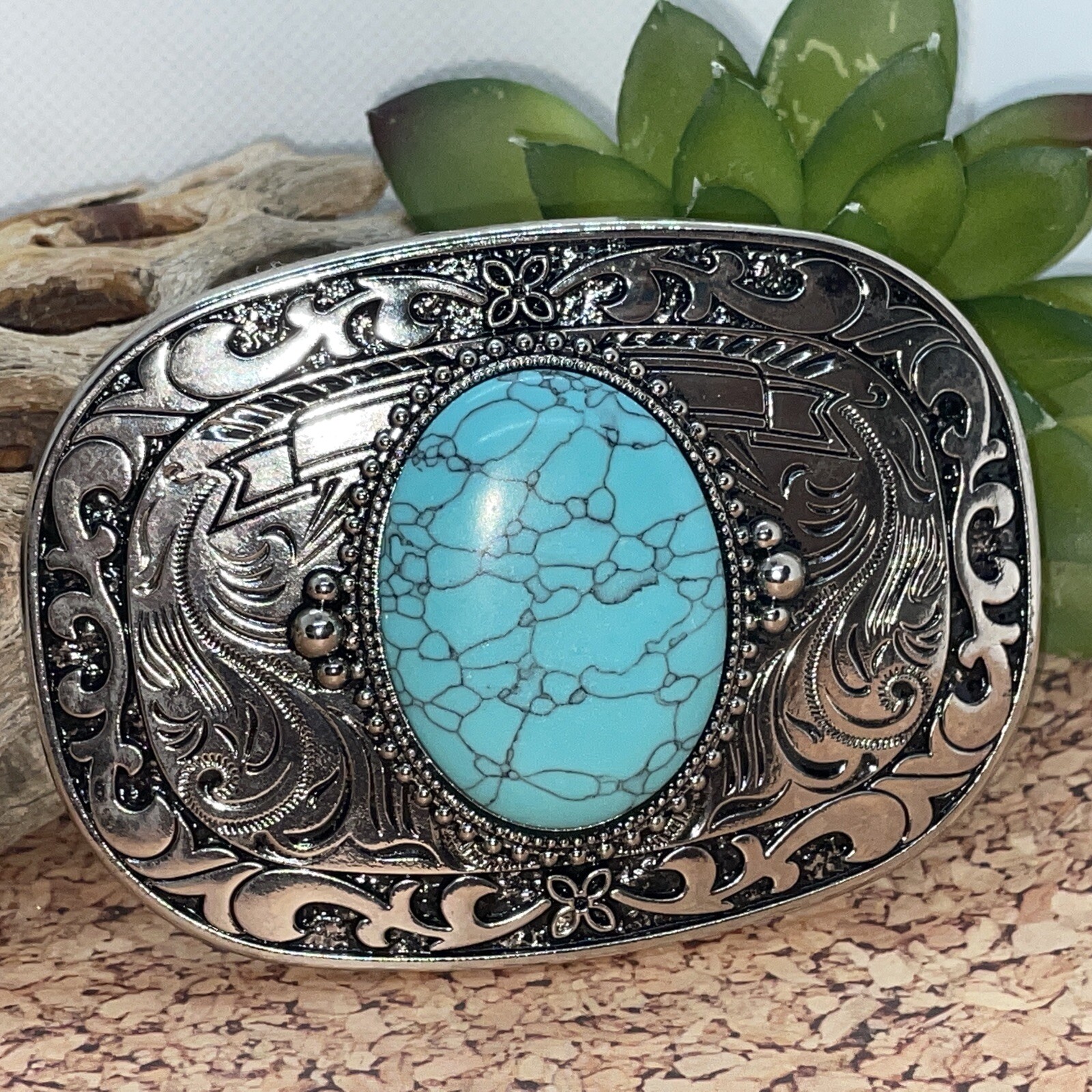 Turquoise Stone Silver Western Southwest men unisex Belt Buckle Ranch Wear Rodeo