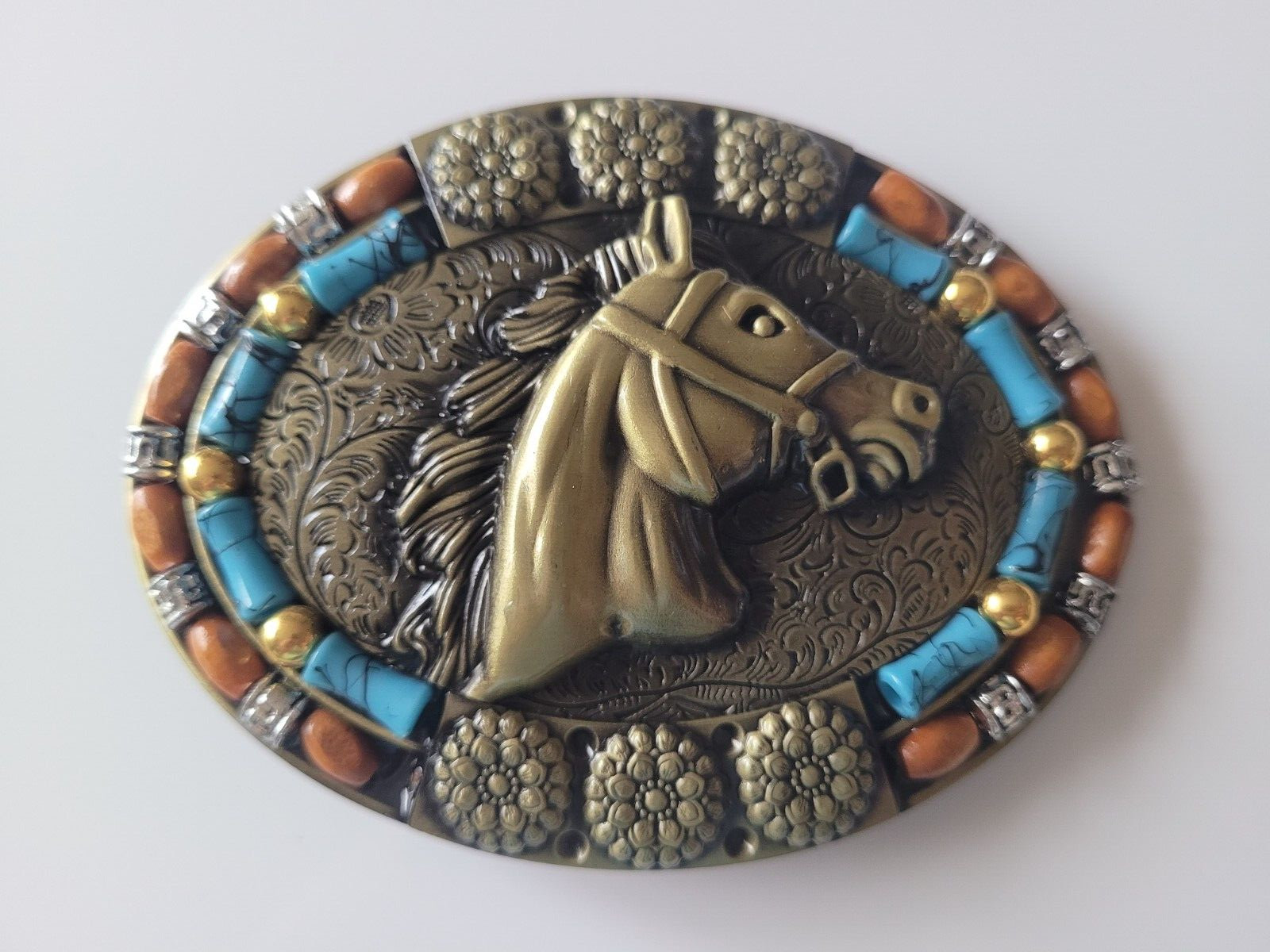 Brass Finish 4&Prime; Buckle Western Belt Buckle W/ Turquoise Stone Horse