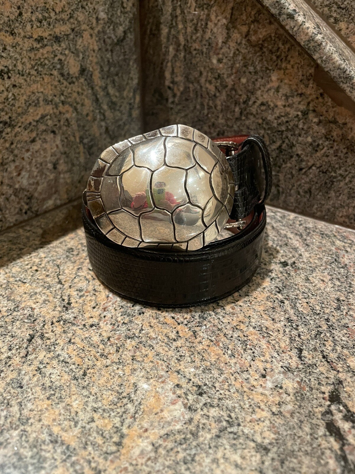 RARE!! HUGE!! Kieselstein Cord Silver Turtle Buckle W/Black Lizard Belt Size 2