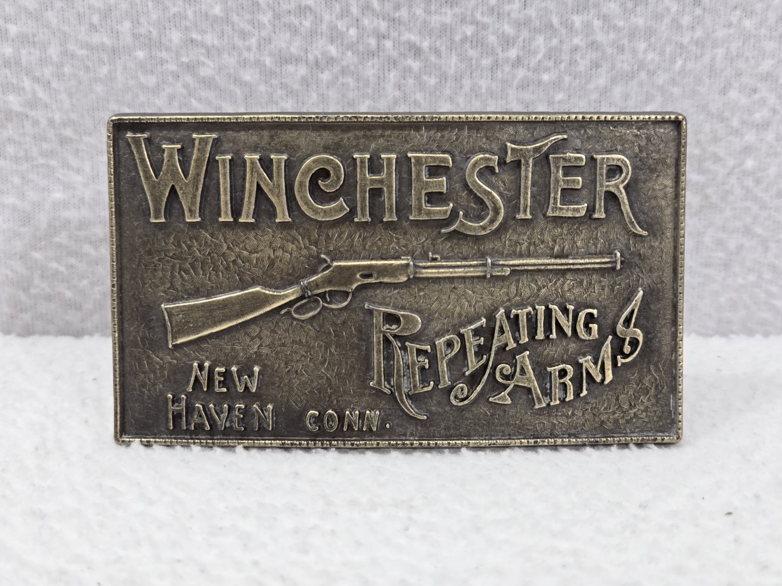Vtg Brass Belt Buckle Winchester Repeating Arms New Haven Conn. Rifle Guns 4”