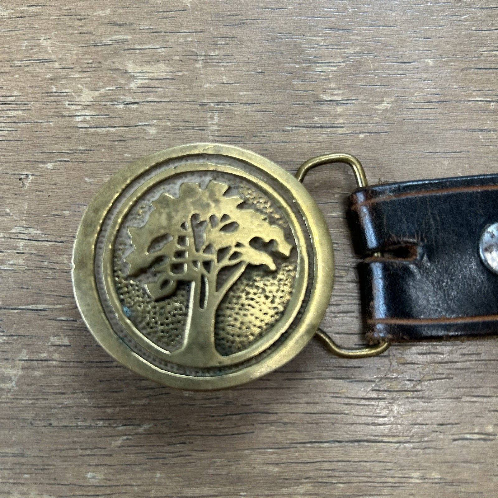 Brass BTS Big Tree Belt Buckle w/Brown Leather Western Hippie Boho Belt Size 38