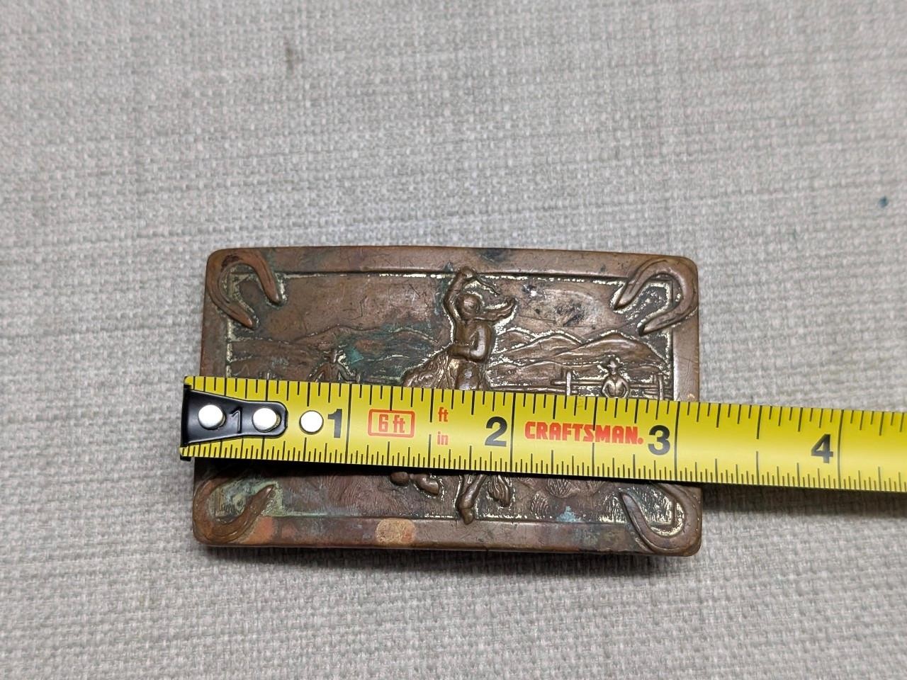 vintage 1950s belt buckle BRONZE brass COWBOY western RODEO bronco horse