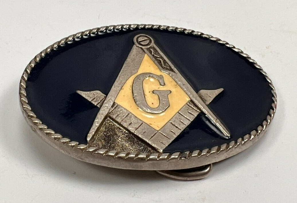 Masonic Freemason Belt Buckle Blue and Cream Enamel Rope Border