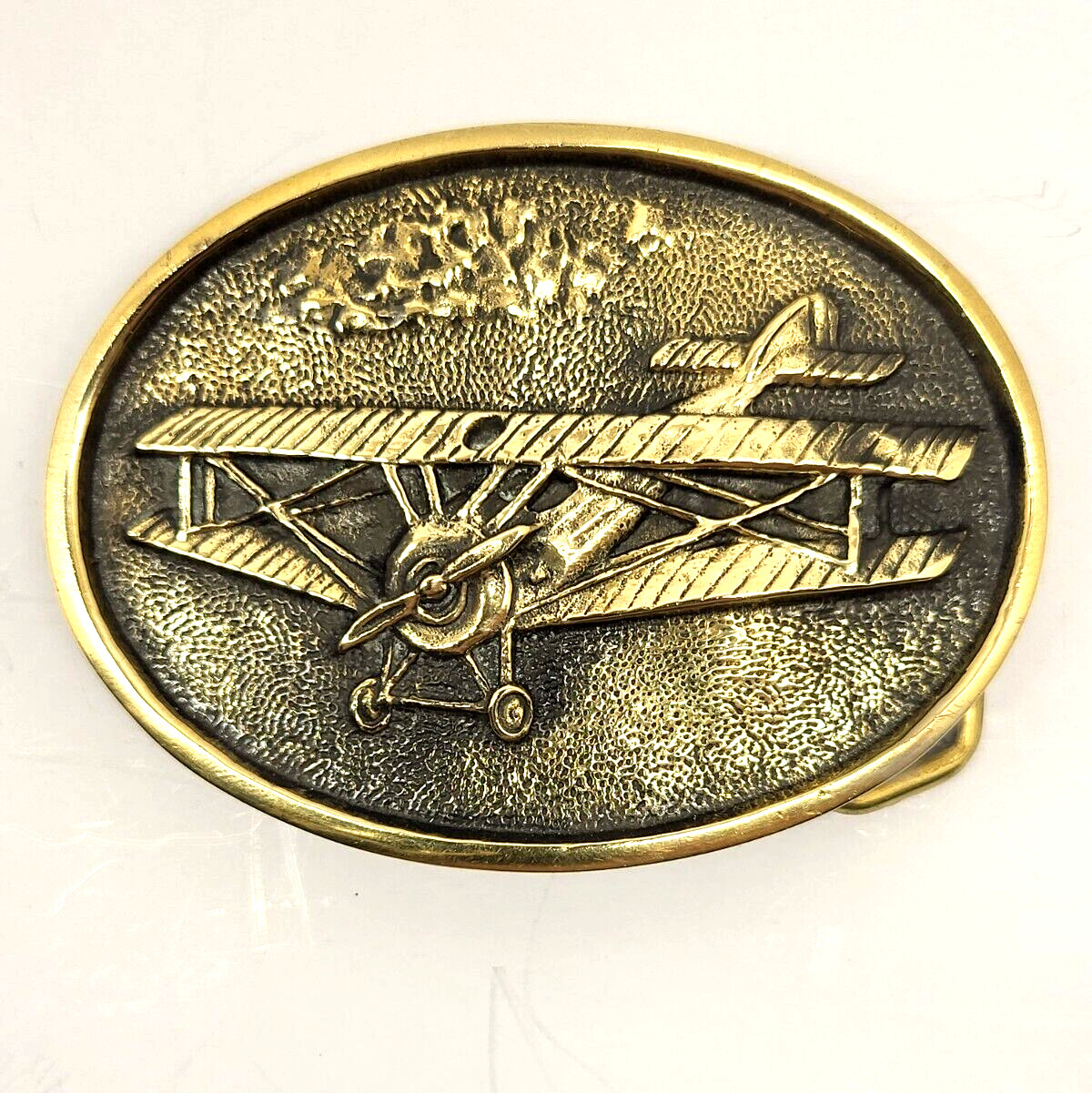 Single Propeller Aircraft Biplane Belt Buckle Solid Brass – 3 3/8&Prime; X 2 1/2&Prime; (D5)