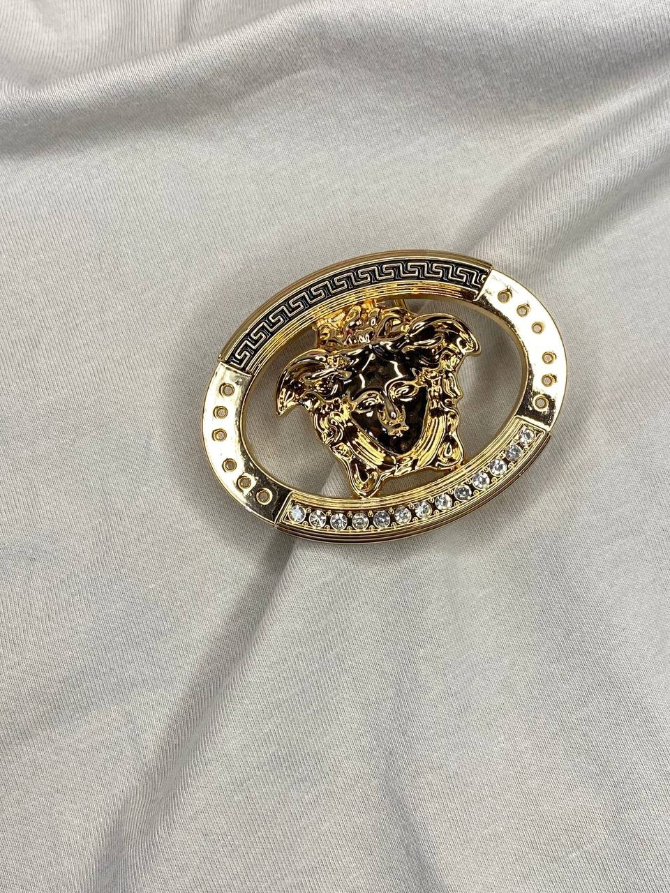 Gold Medusa Head Belt Buckle Black Greek Key Crystal Oval