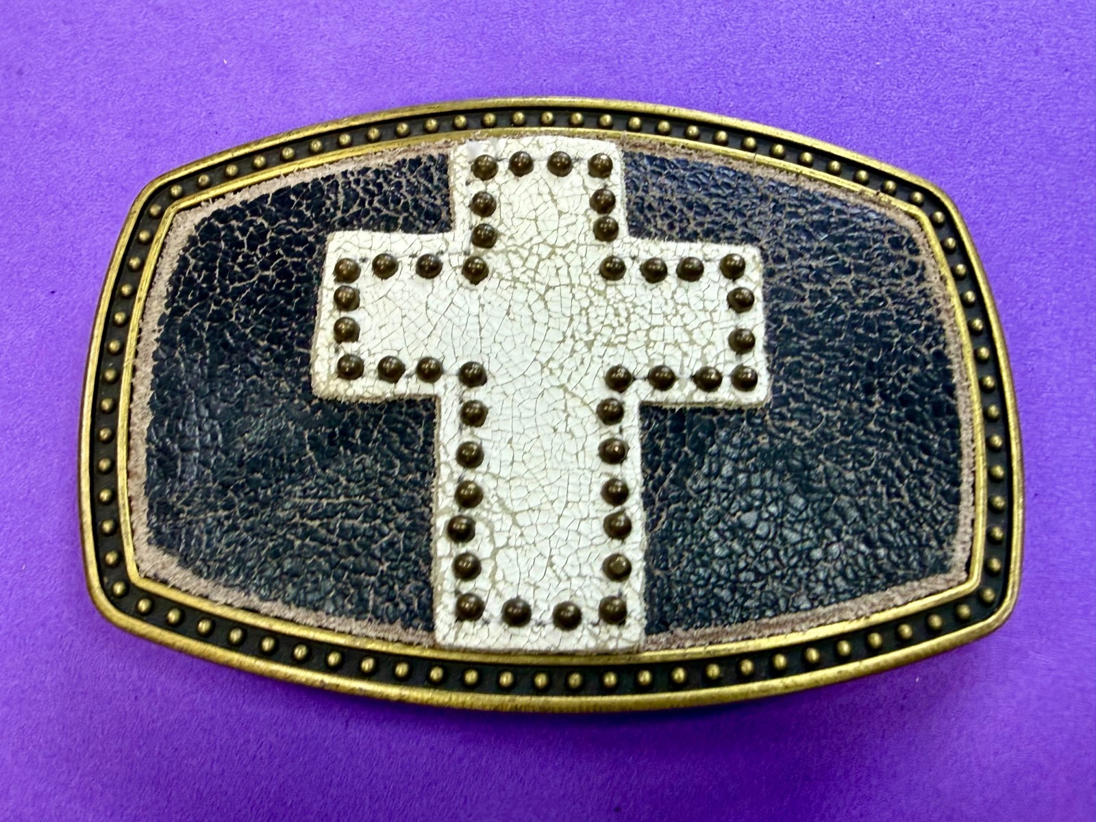 Metallic Theme Religious Cross Studded Design on White Faux Leather Belt Buckle