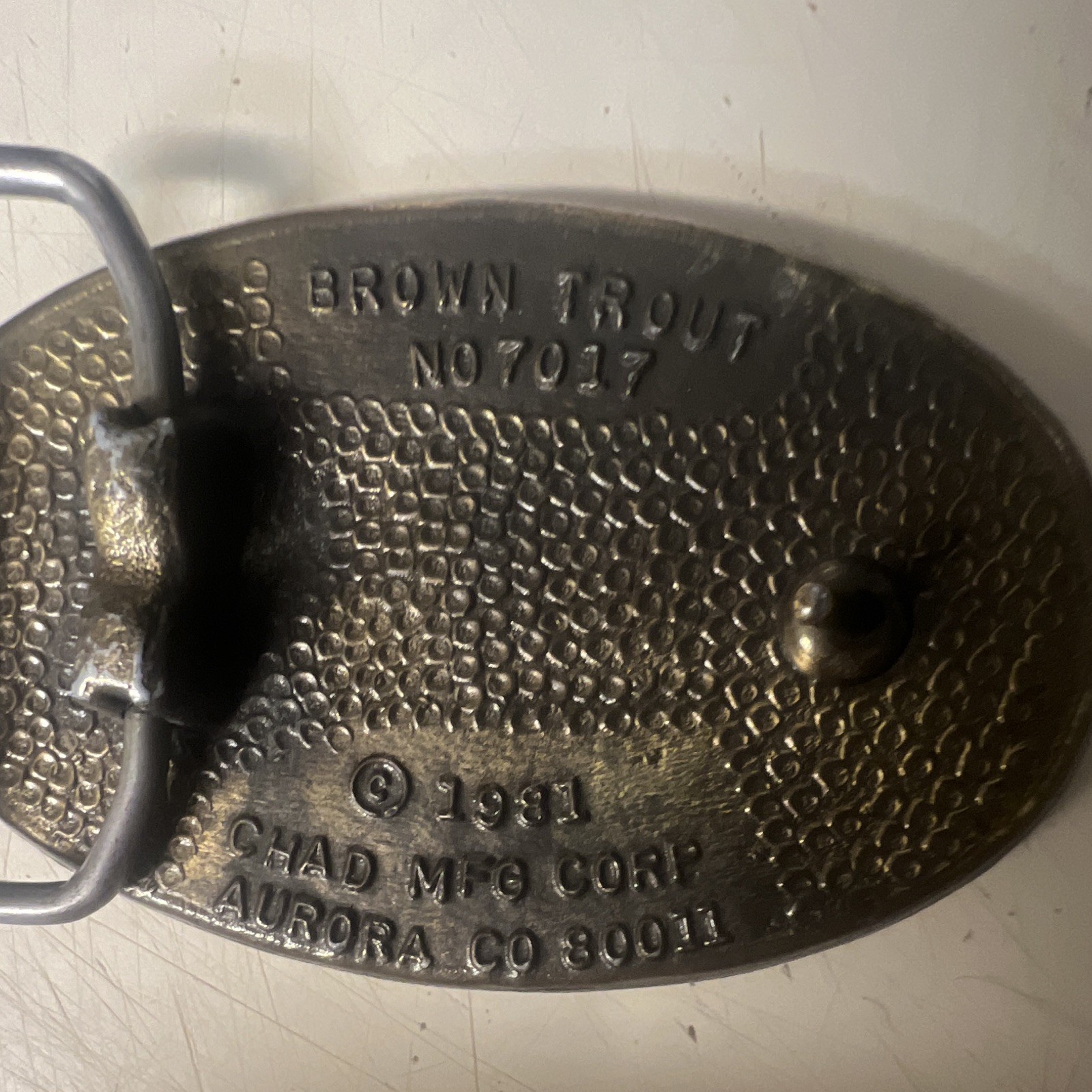 Chad Mfg Corp Brown Trout No7017 Western Metal Belt Buckle Silver/Green 1.5in