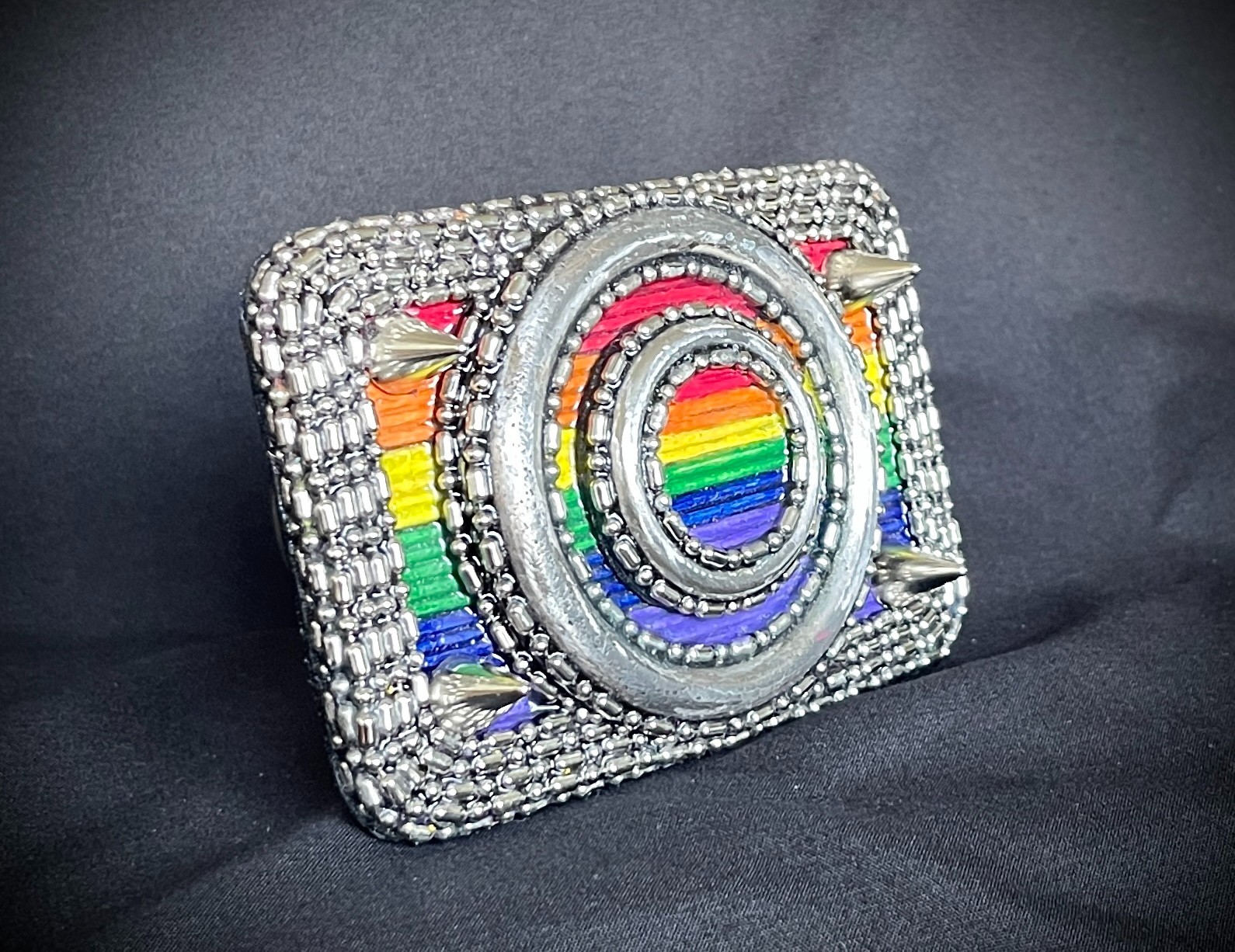 “Armor of Color” Pride Belt Buckle OOAK Rainbow Wood Inlay – Darren McNeese