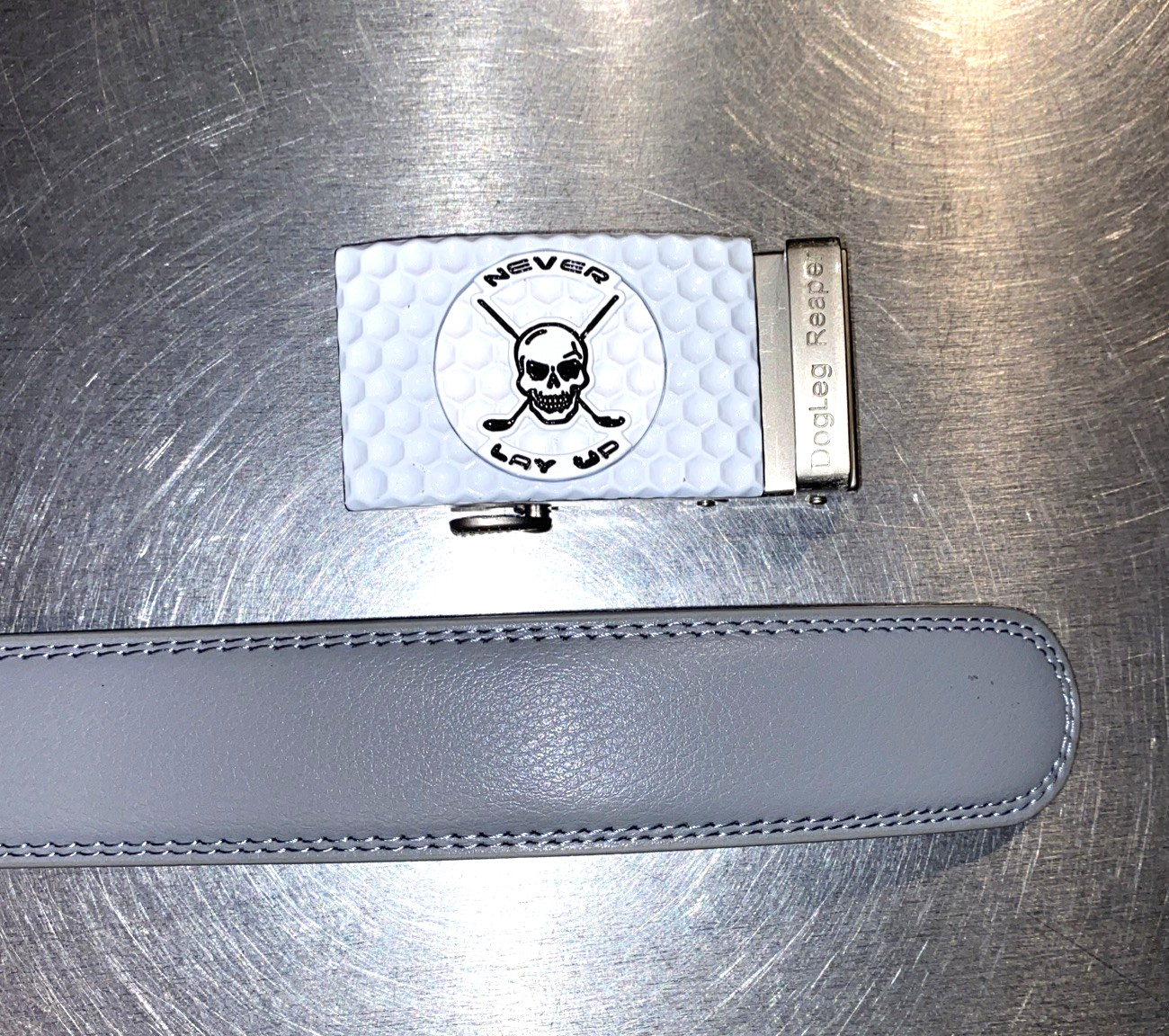Golf Belt Leather w/Ratchet Buckle Removable Ball Marker Skull Reaper Light Gray