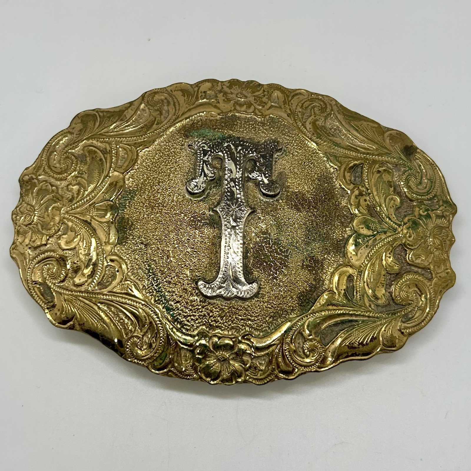 Crumrine Western Belt Buckle Monogram Letter T Gold Tone Belt Buckle