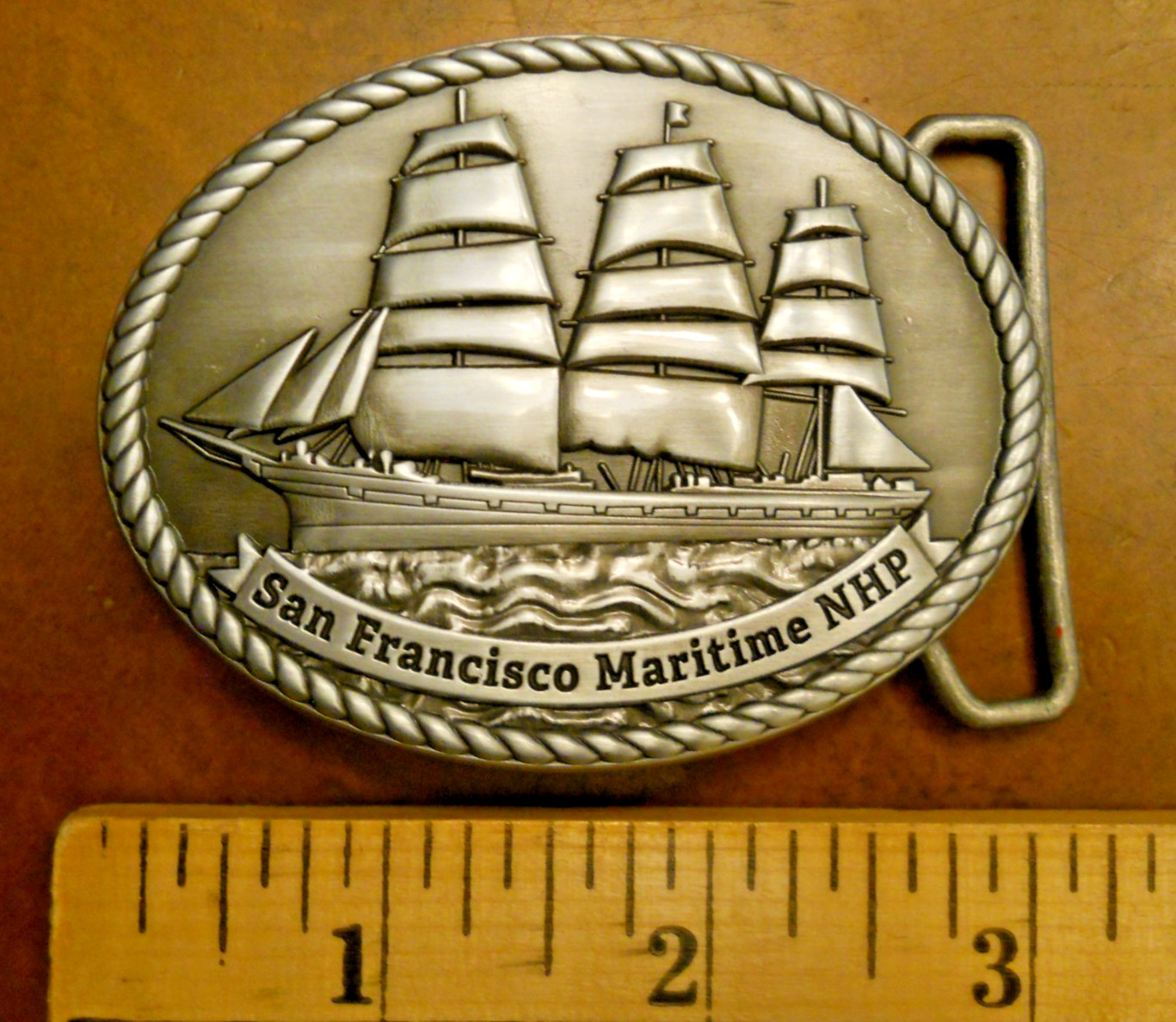 SAILING SHIP, SAN FRANCISCO MARITIME NHP BUCKLE 3&Prime; SILVER BUCKLE (NEW)