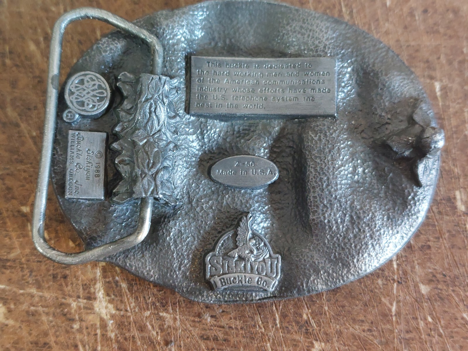Vintage 1988 Siskiyou Telephone Lineman Heavy Duty Metal Belt Buckle USA