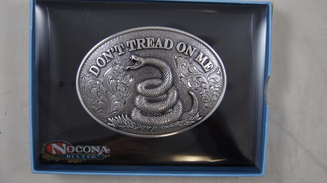 Nocona Western Belt Buckle DON&rsquo;T TREAD ON ME Snake Silver Tone 37109