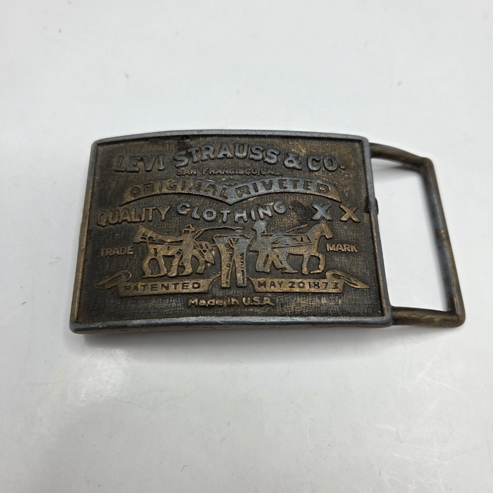 Levi Strauss Vintage Belt Buckle Two Horse Logo Brass Made in USA OS Gold Tone