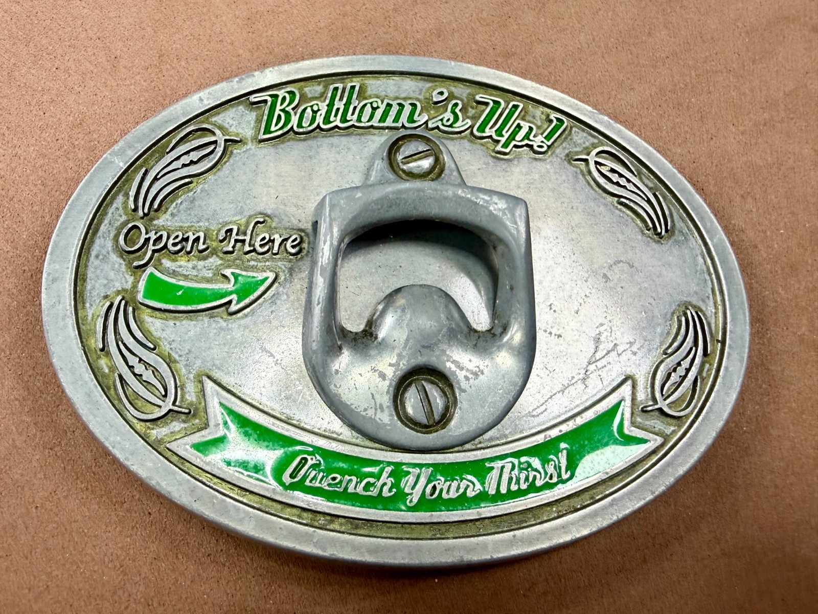 Bottom&rsquo;s Up! Open Here Quench Your Thirst Belt Buckle with Bottle Opener