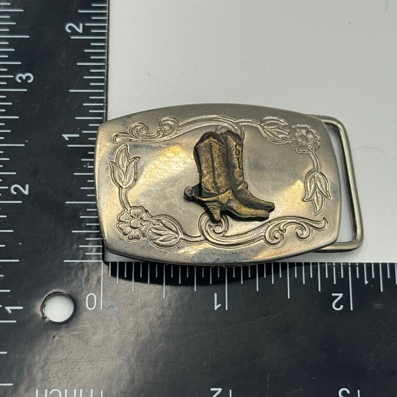 Vintage Western Cowboy Boots Belt Buckle Silver Brass Tone Floral Made in USA