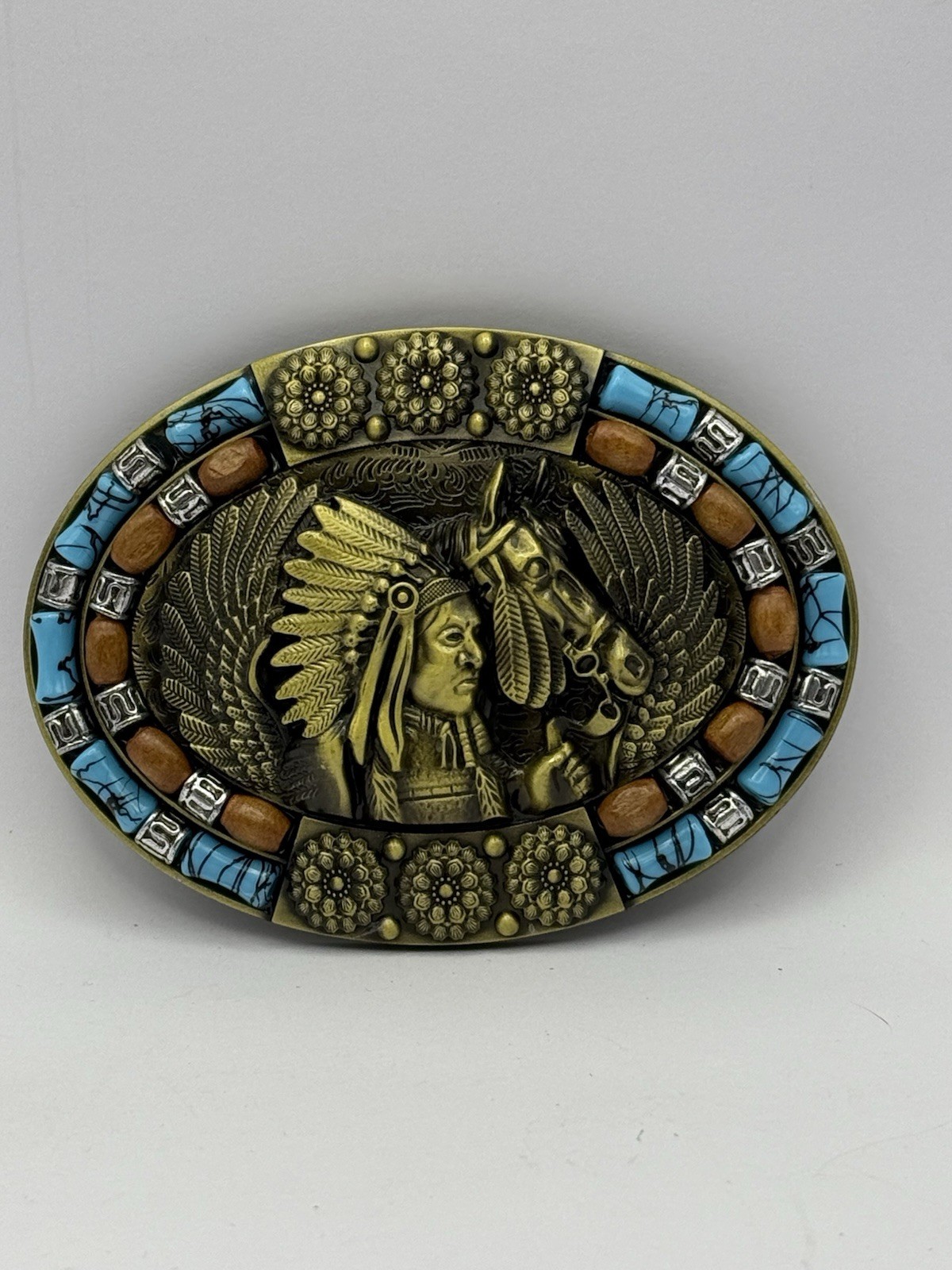 Brass Coloring Native American Buckle Western Cowboy Turquoise Stone Belt Buckle