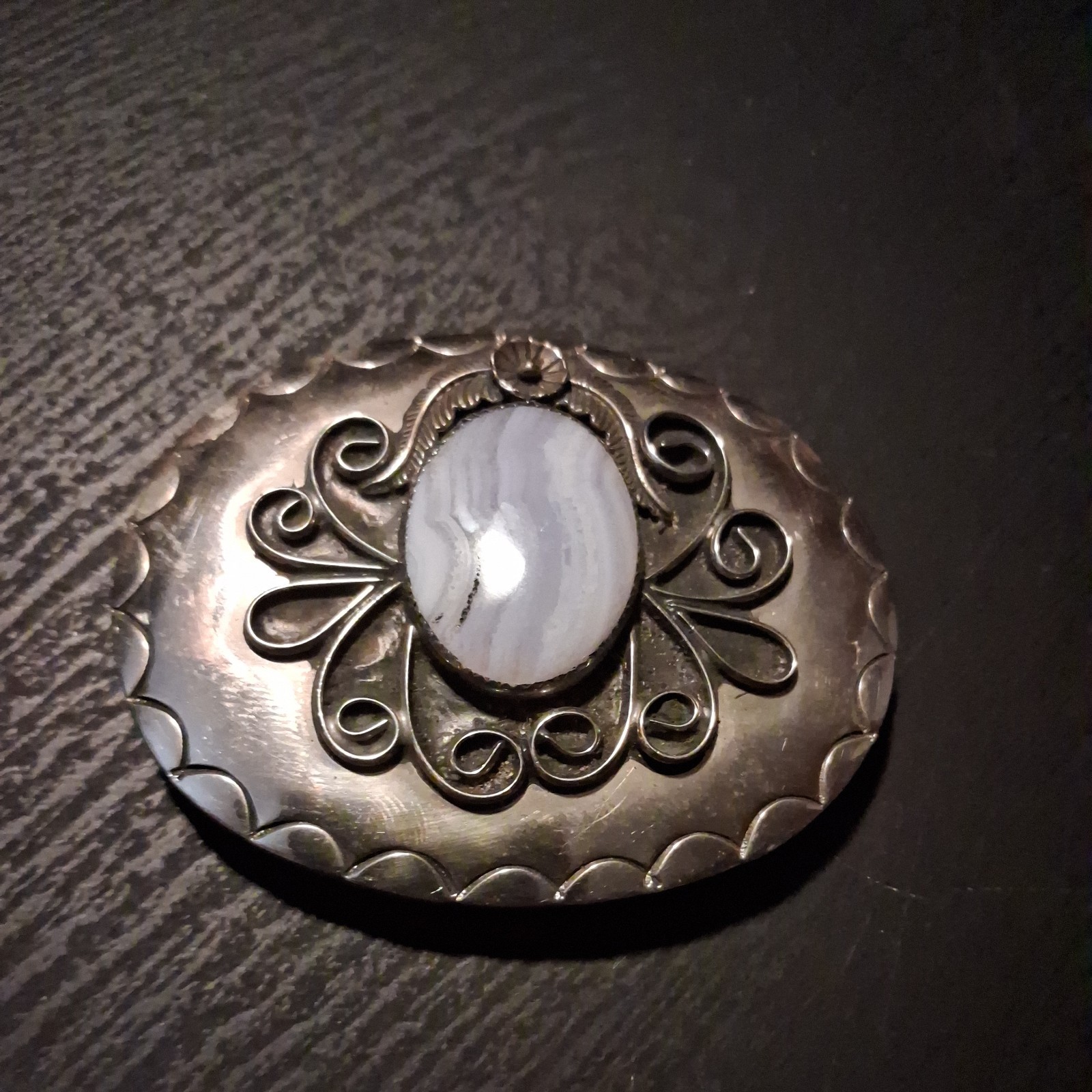 Vintage silver toned Belt Buckle with Cream Colored Stone nice rare