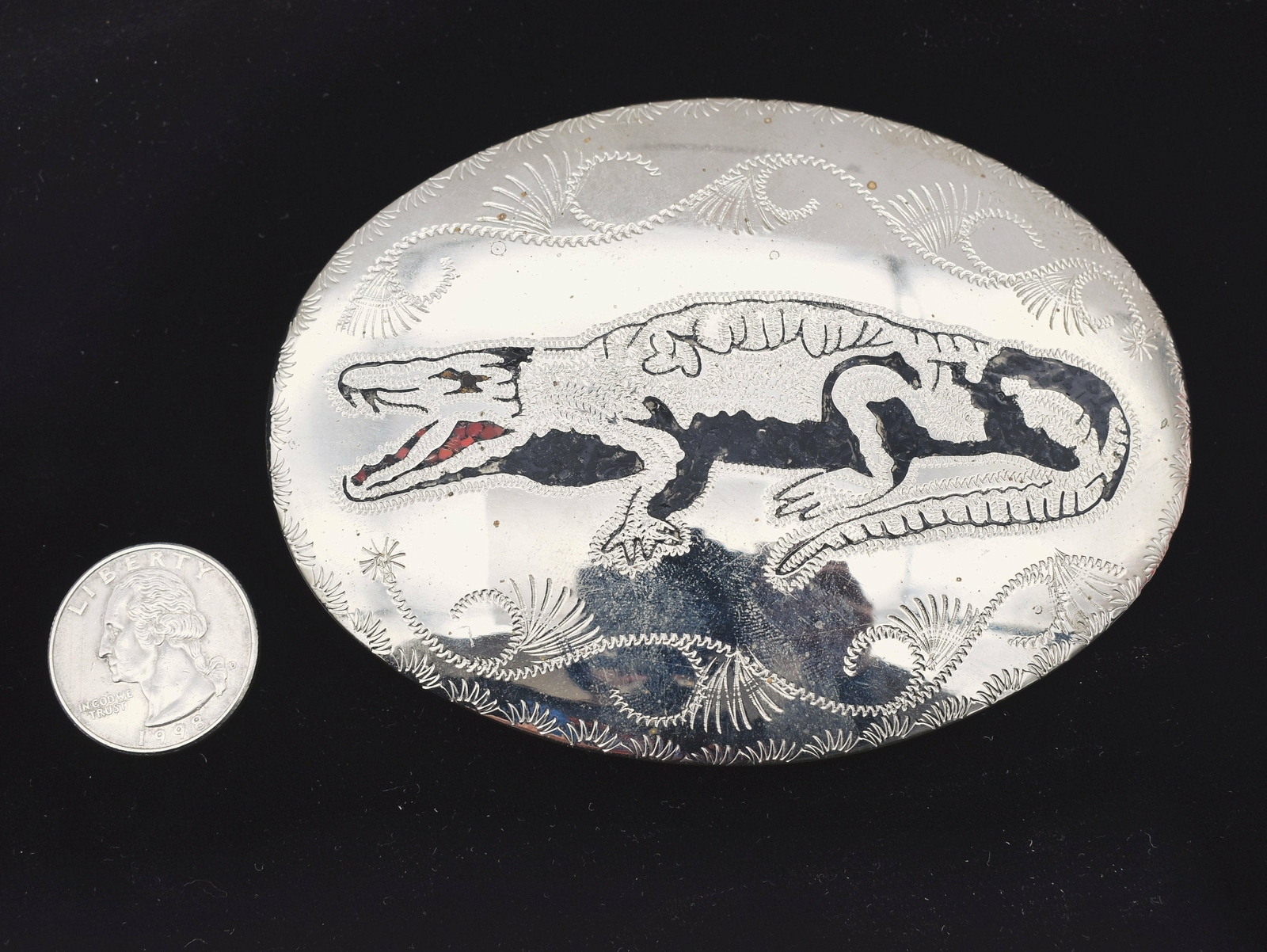 Alligator Handmade Stone Inlay German Silver Tooled Paisley Vintage Belt Buckle
