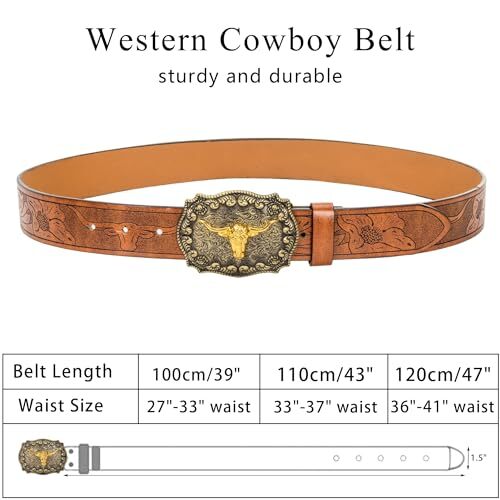 Mens-Western-Cowboy-Belt – Longhorn-Bull-Pattern Fit Waist 31-34 in Brown