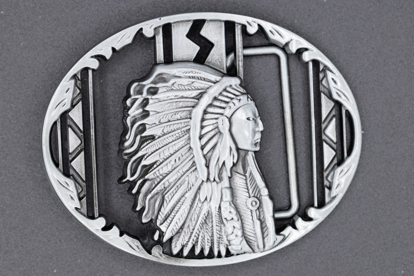 Indian Chief Profile Belt Buckle Headdress Southwestern Silver Oval