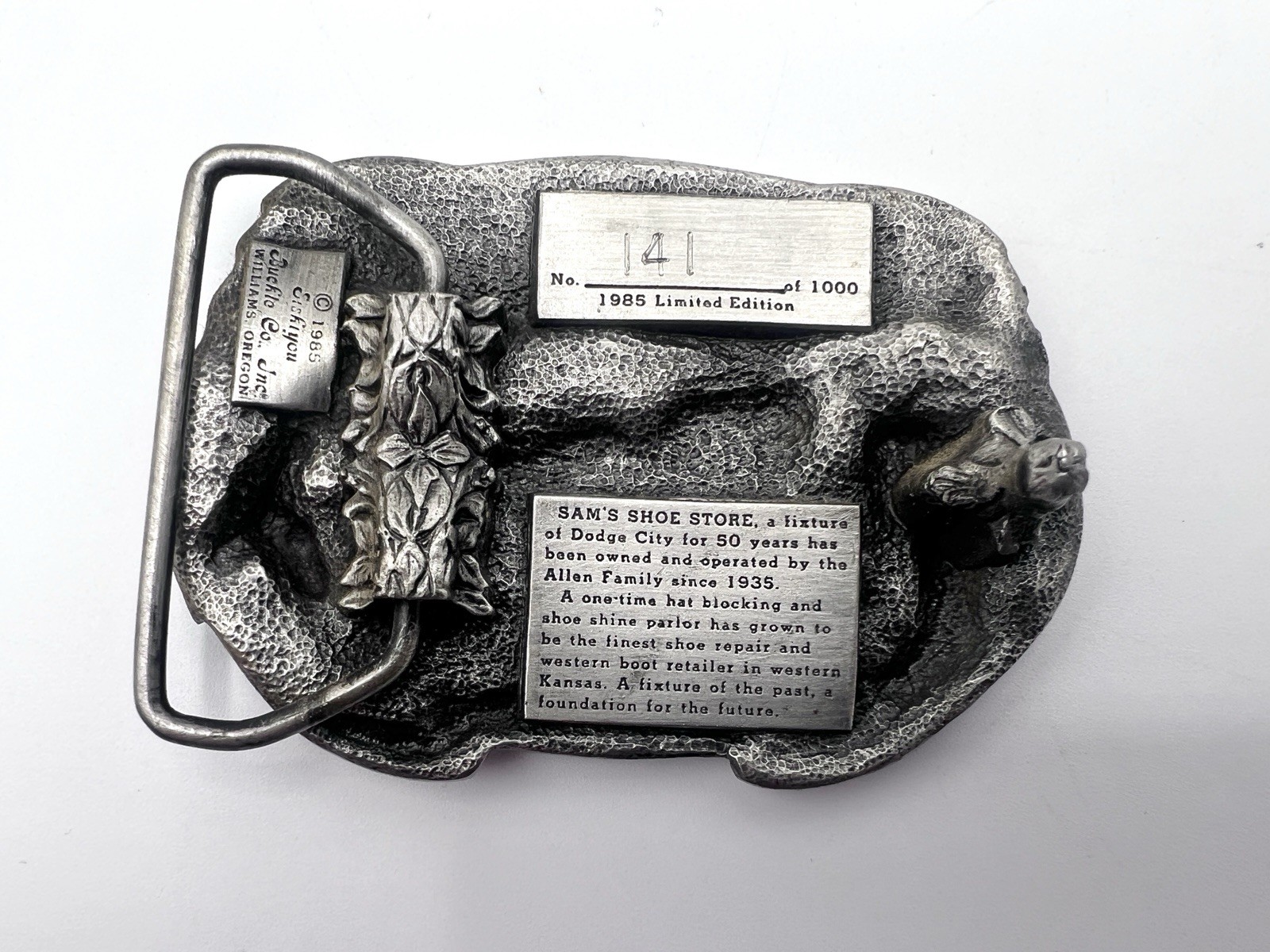Dodge City Kansas SAM&rsquo;S SHOE STORE 1985 Pewter Belt Buckle Allen Cowboyboy Boots