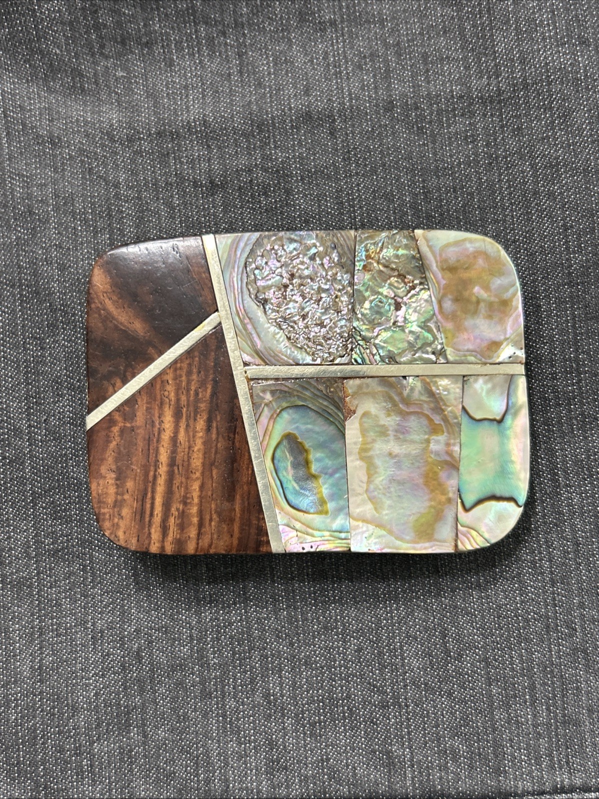 Gorgeous Belt Buckle Wood Abalone Shell Silver Tone Mexico