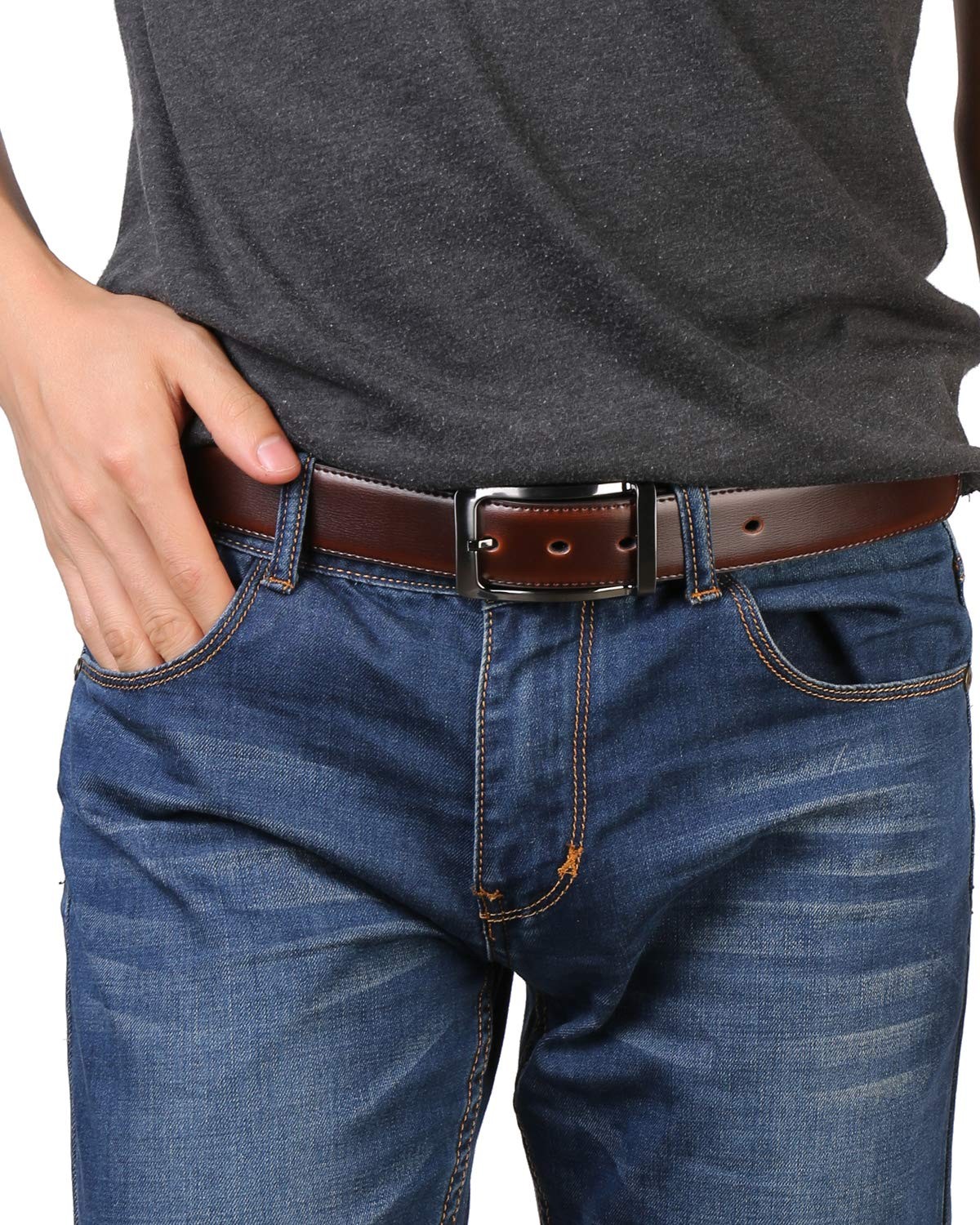 Belts for Men 57-58, Rectangle Rotated Buckle With Burnt Umber/Black Belt