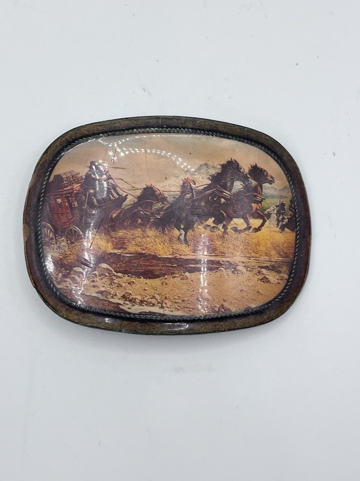 Vintage Metal Belt Buckle Stage Coach Wells Fargo Western Horses SEE PHOTOS
