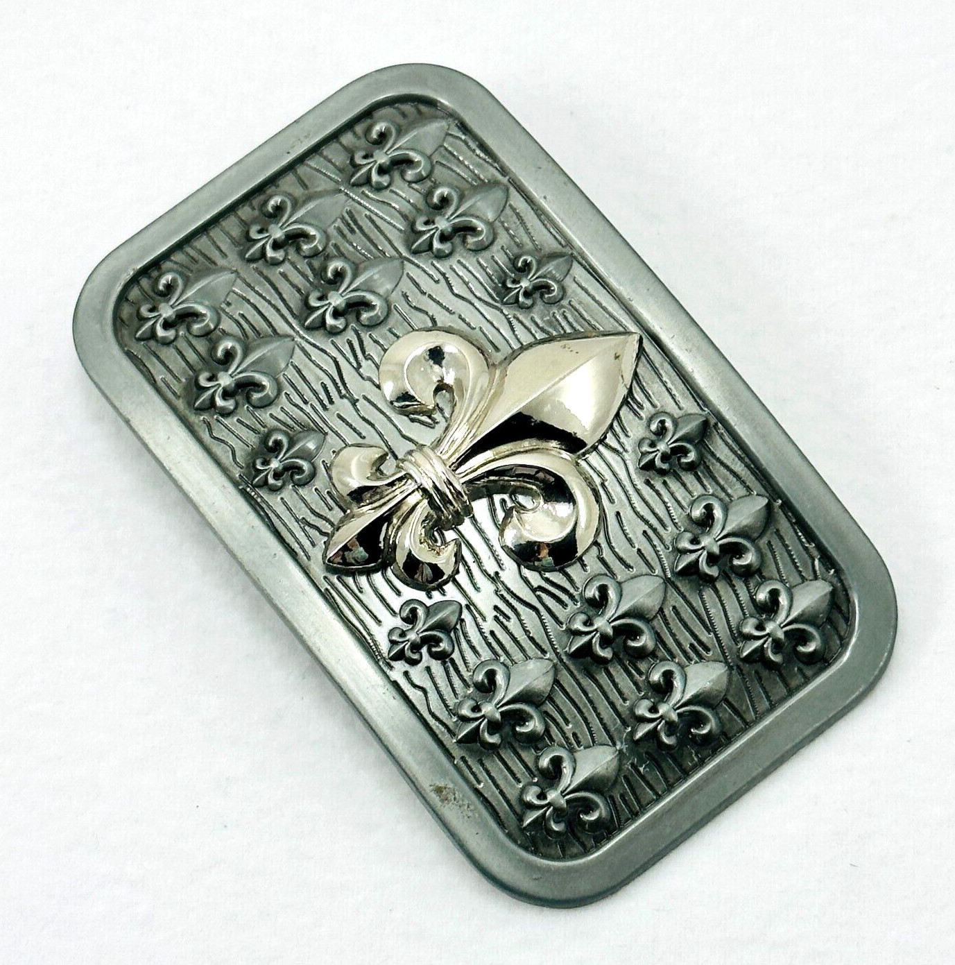 Belt Buckle Gold Tone Fleur De Lie Emblem on Silver Tone Rectangular