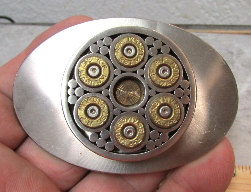 Alaska Hand Made 357 magnum Bullet spinning center Belt Buckle, belt size 1.5 in