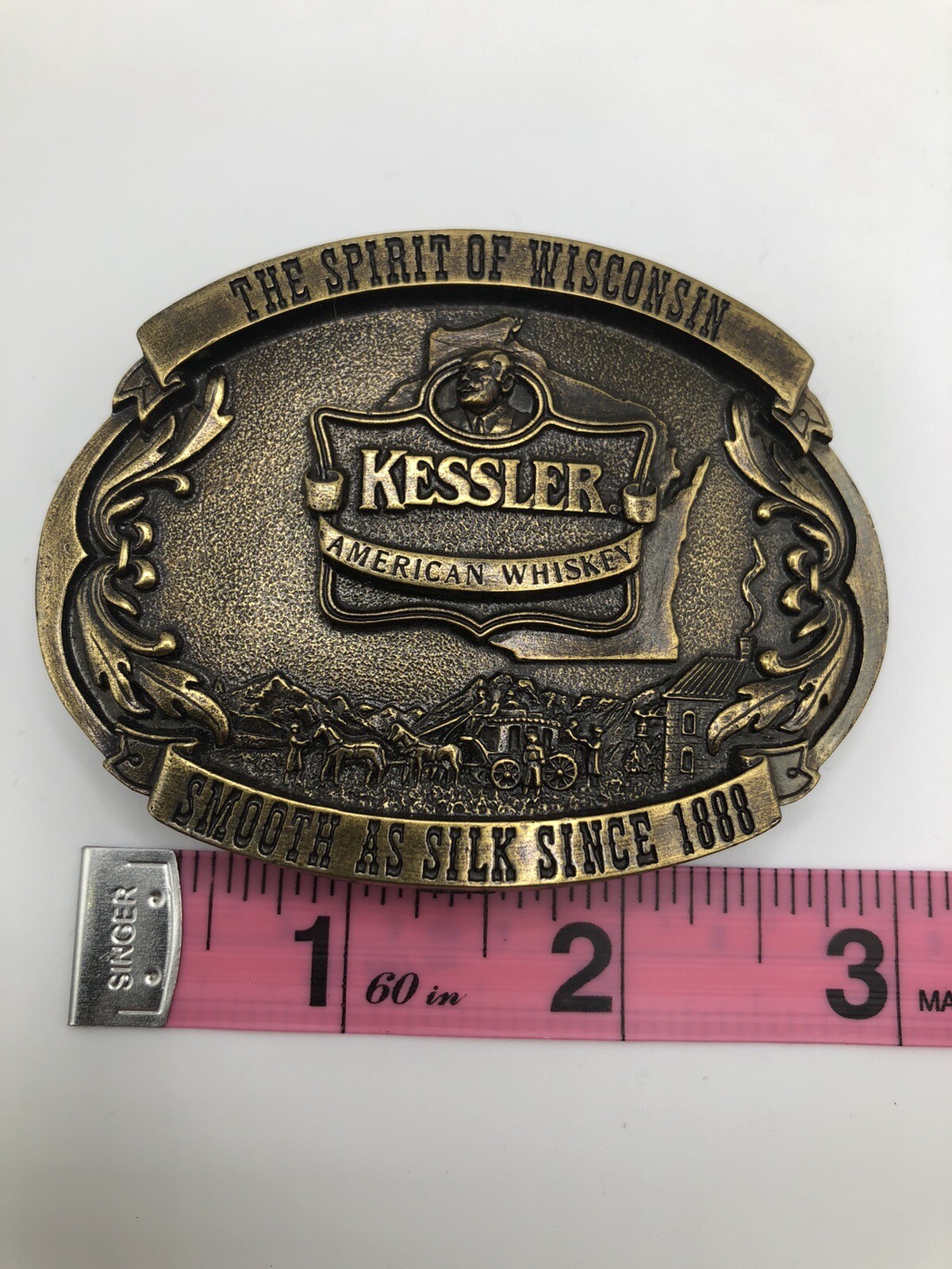 Vintage Belt Buckle Kessler Whiskey Spirit of Wisconsin Solid Brass Western