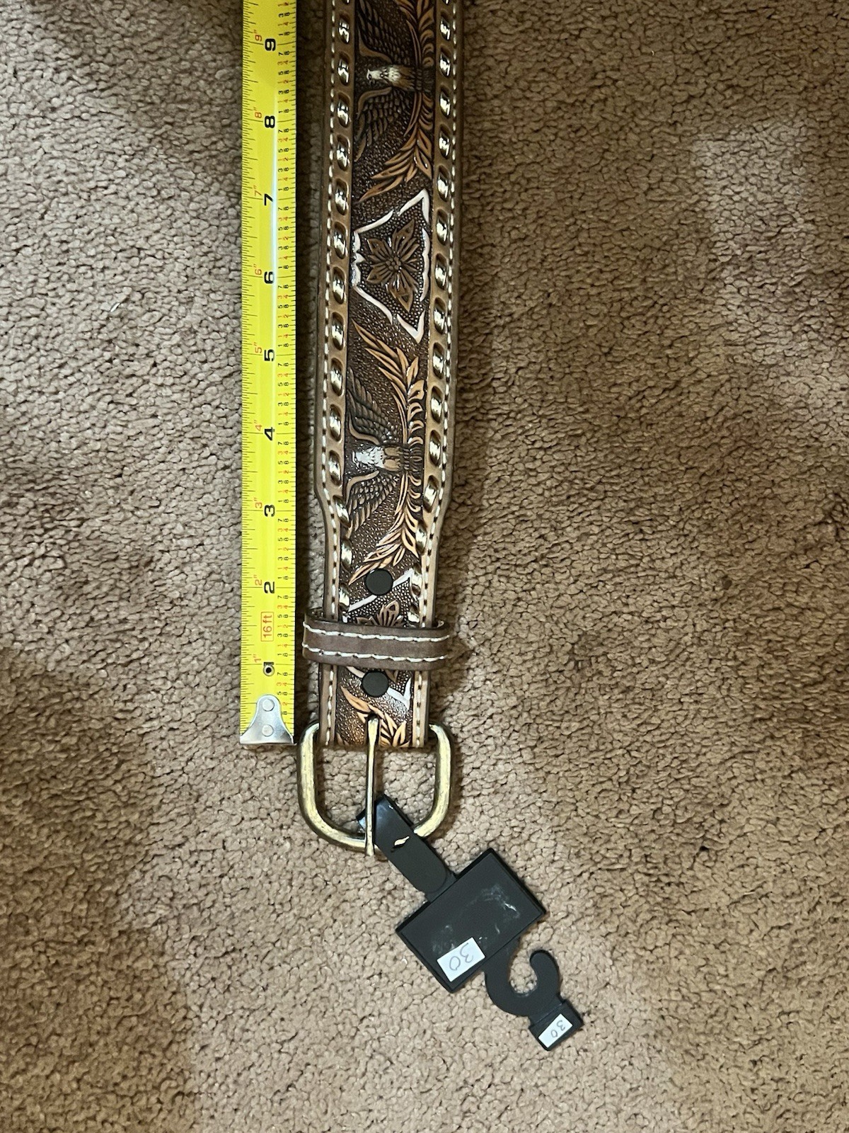 Handmade Patriotic Western Belt 30-Eagles-Brn/White-Lace-Stitches-Buckle-Leather